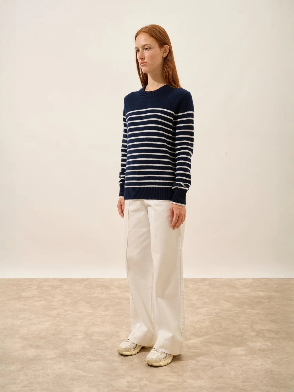 FIORA pull col rond 4 fils bleu marine et ivoire