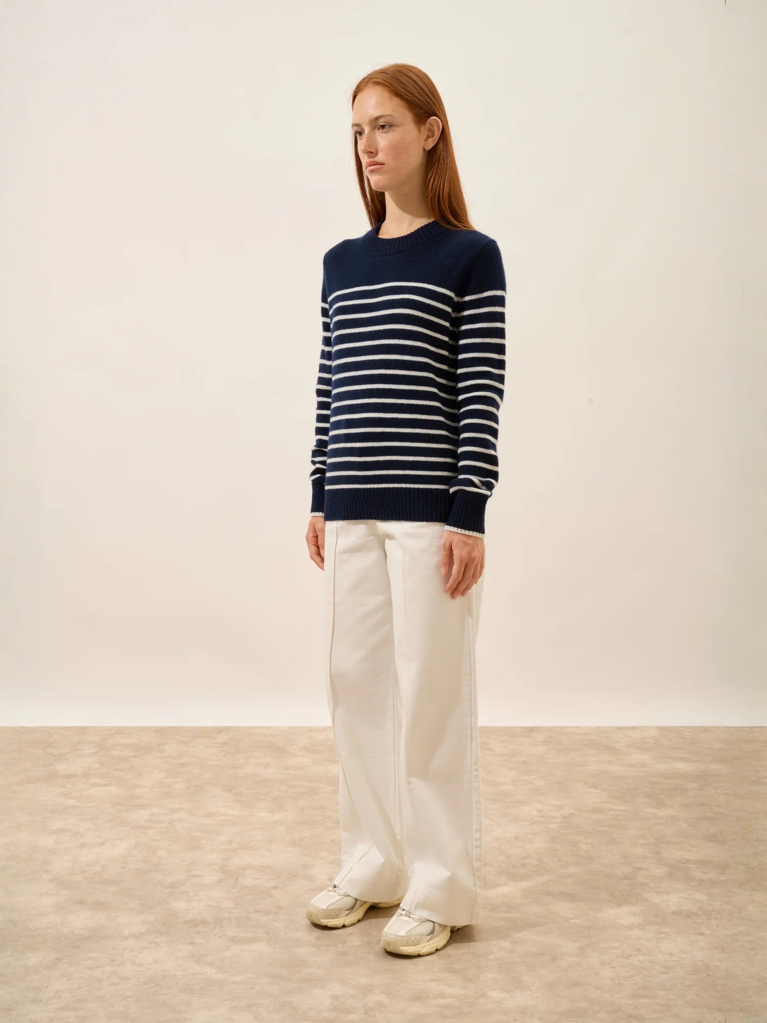 FIORA pull col rond 4 fils bleu marine et ivoire