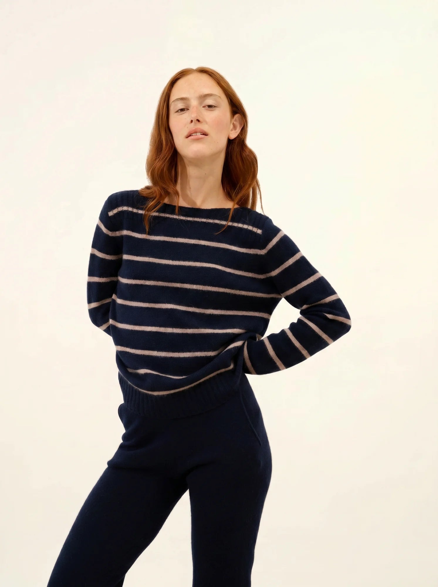 GAÏA pullover u-boot-ausschnitt 4-fädig marineblau und caribou meliert