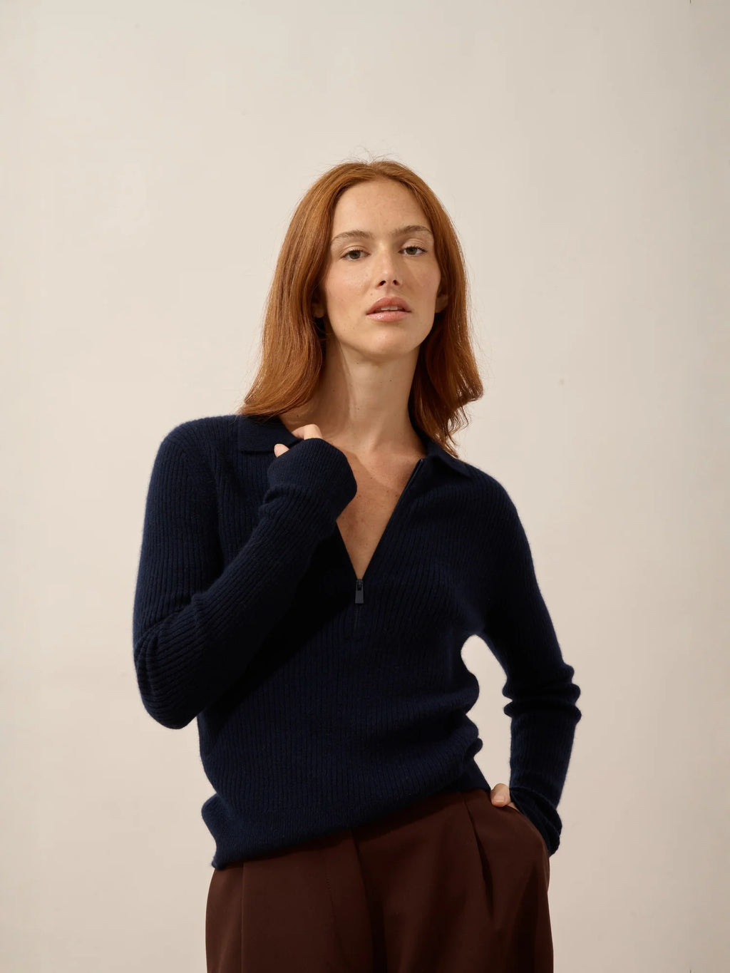 KRISTJAN polo col zippé manches longues bleu marine