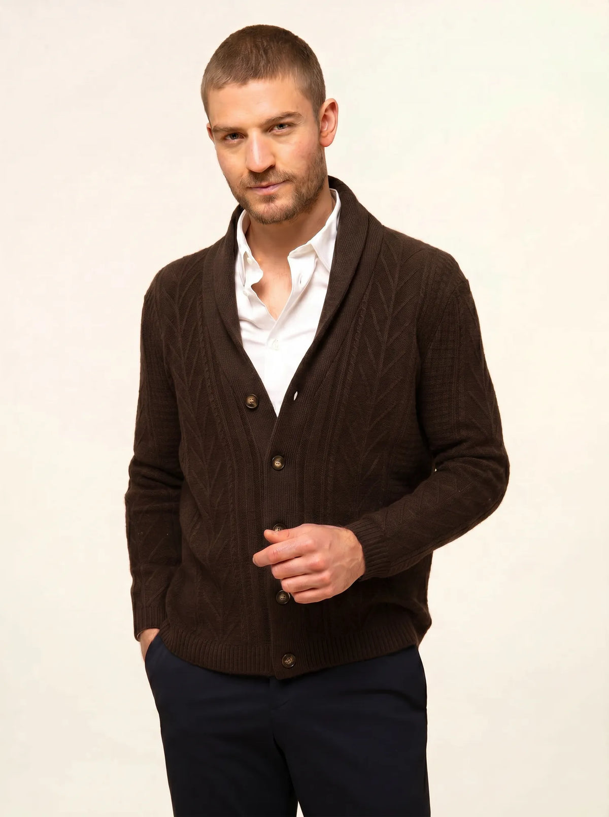 GARMA veste boutonnée col châle 6 fils choco