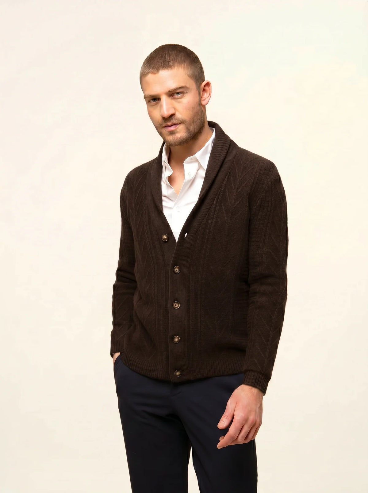 GARMA veste boutonnée col châle 6 fils choco