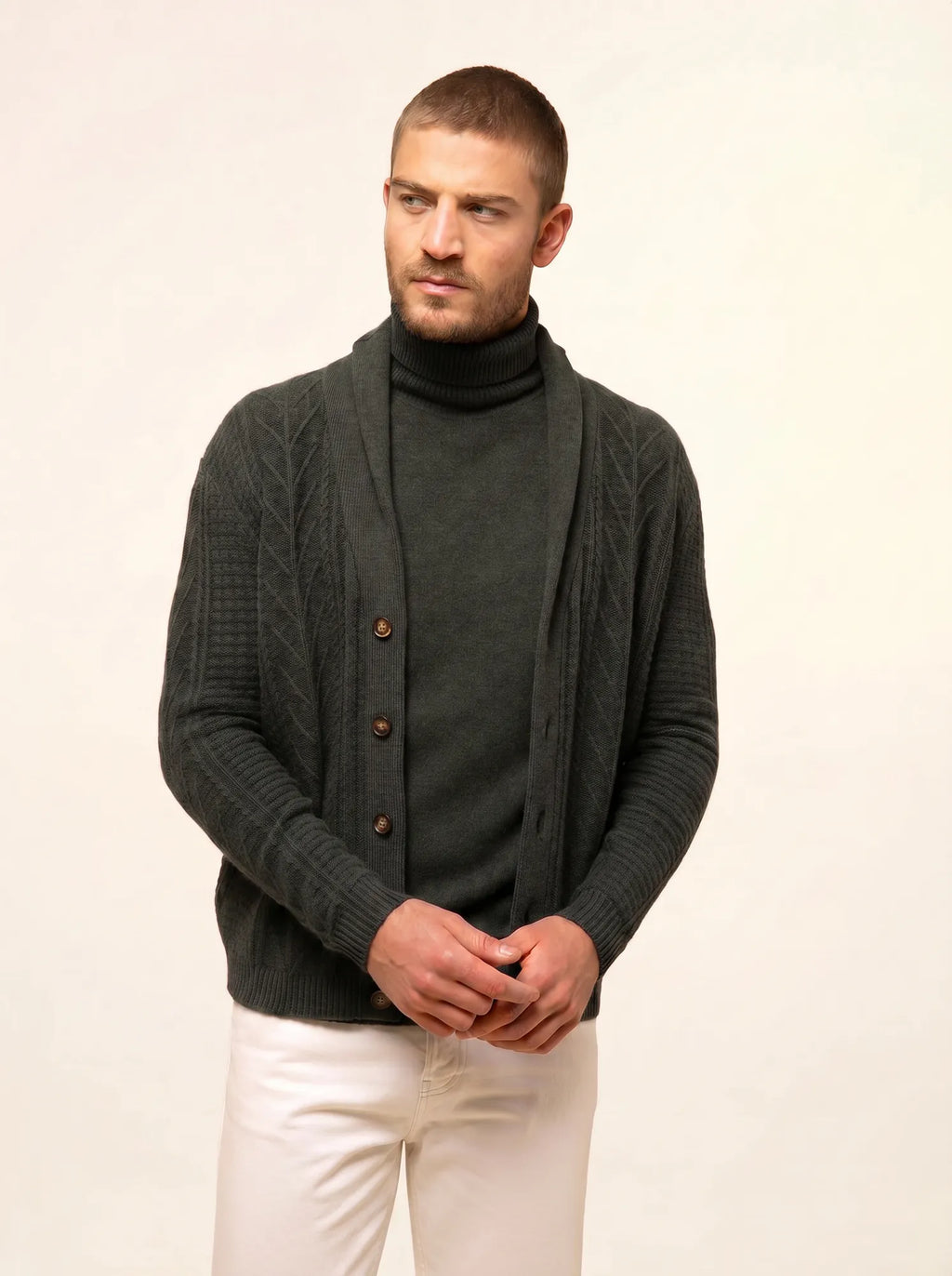 GARMA veste boutonnée col châle 6 fils kaki chiné