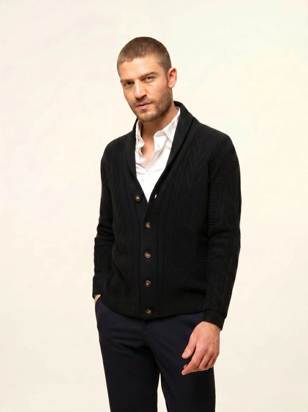 GARMA Jacket Buttoned Shawl Collar 6 Ply Black
