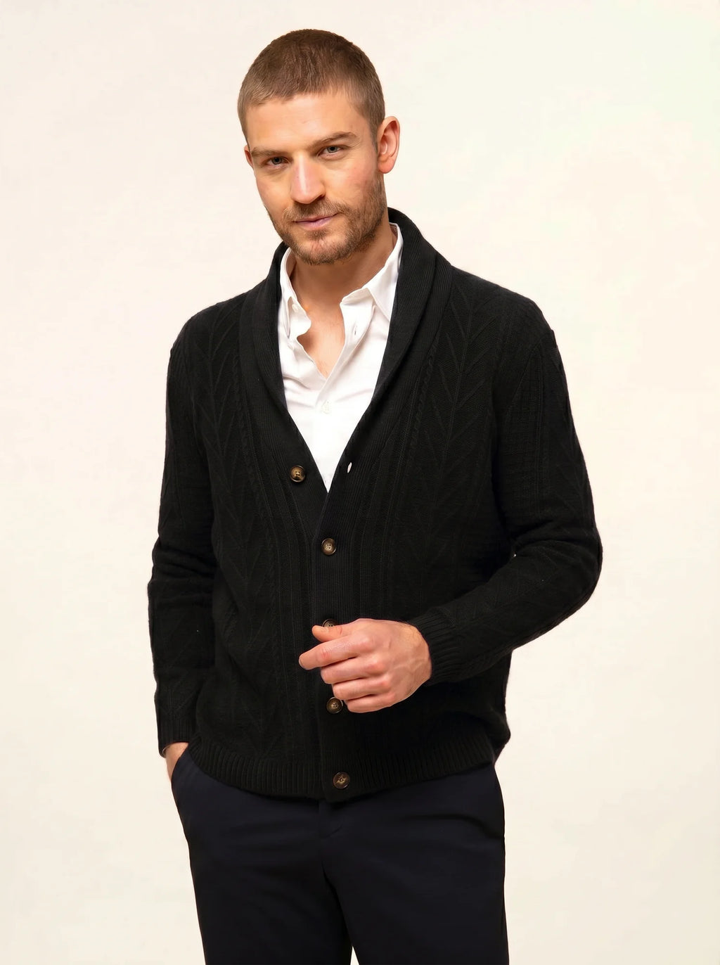 GARMA Jacket Buttoned Shawl Collar 6 Ply Black