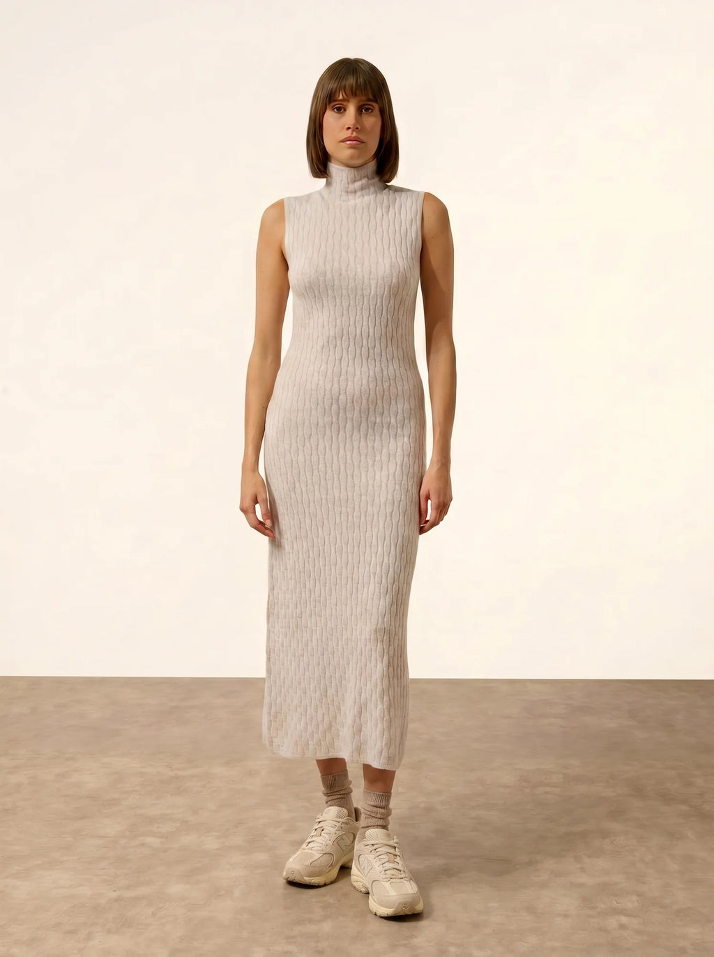 MANON kleid stehkragen ärmellos perlgrau meliert