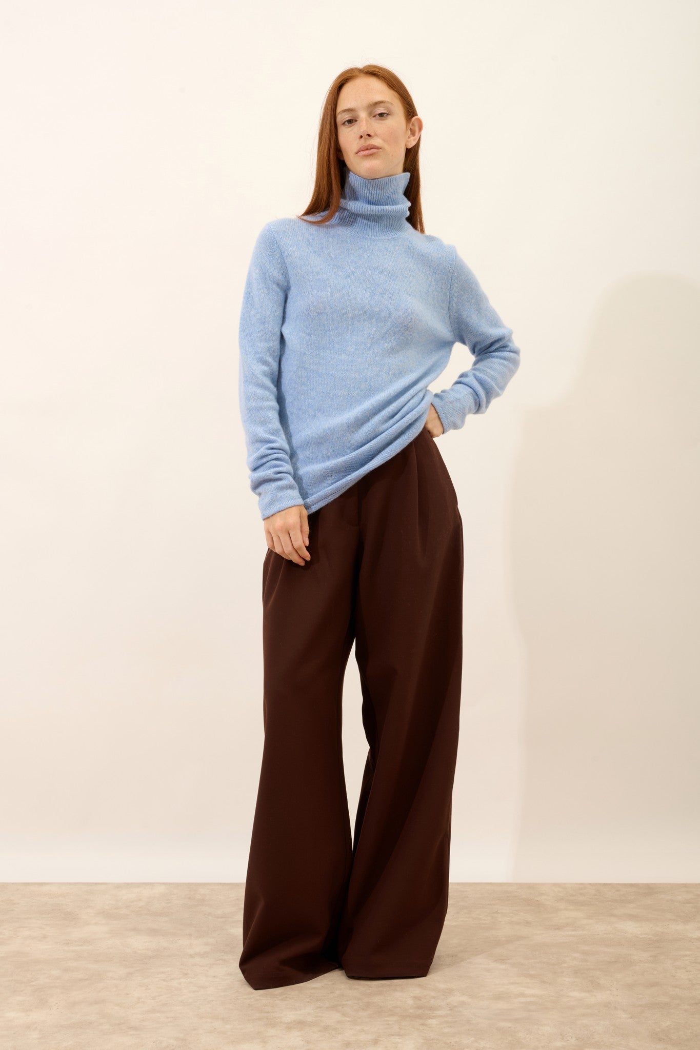 june pull col roulé 4 fils bleu ciel chiné 100% cachemire