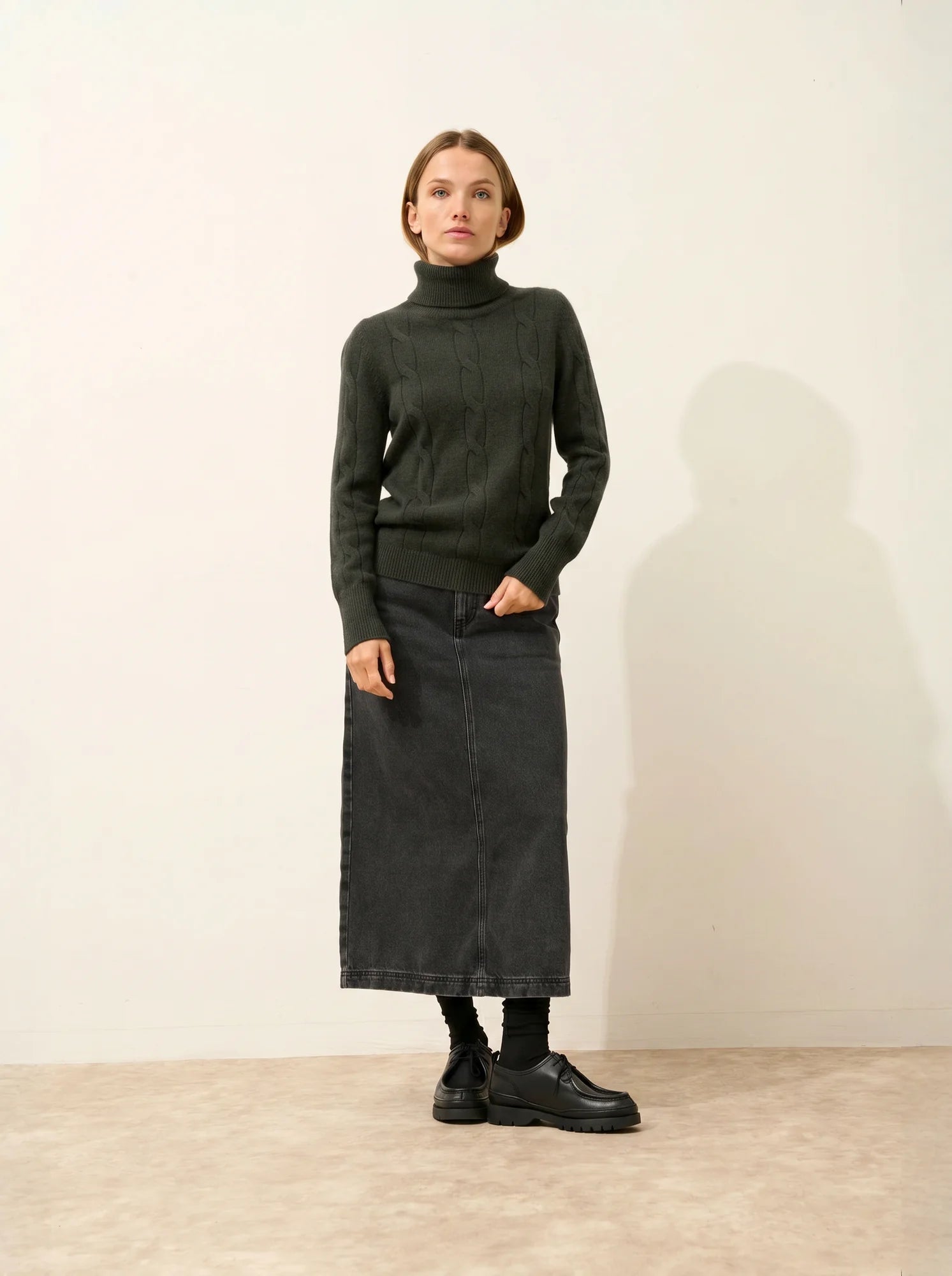 ESTELLE Pull Col Roulé 4 Fils Kaki Chiné