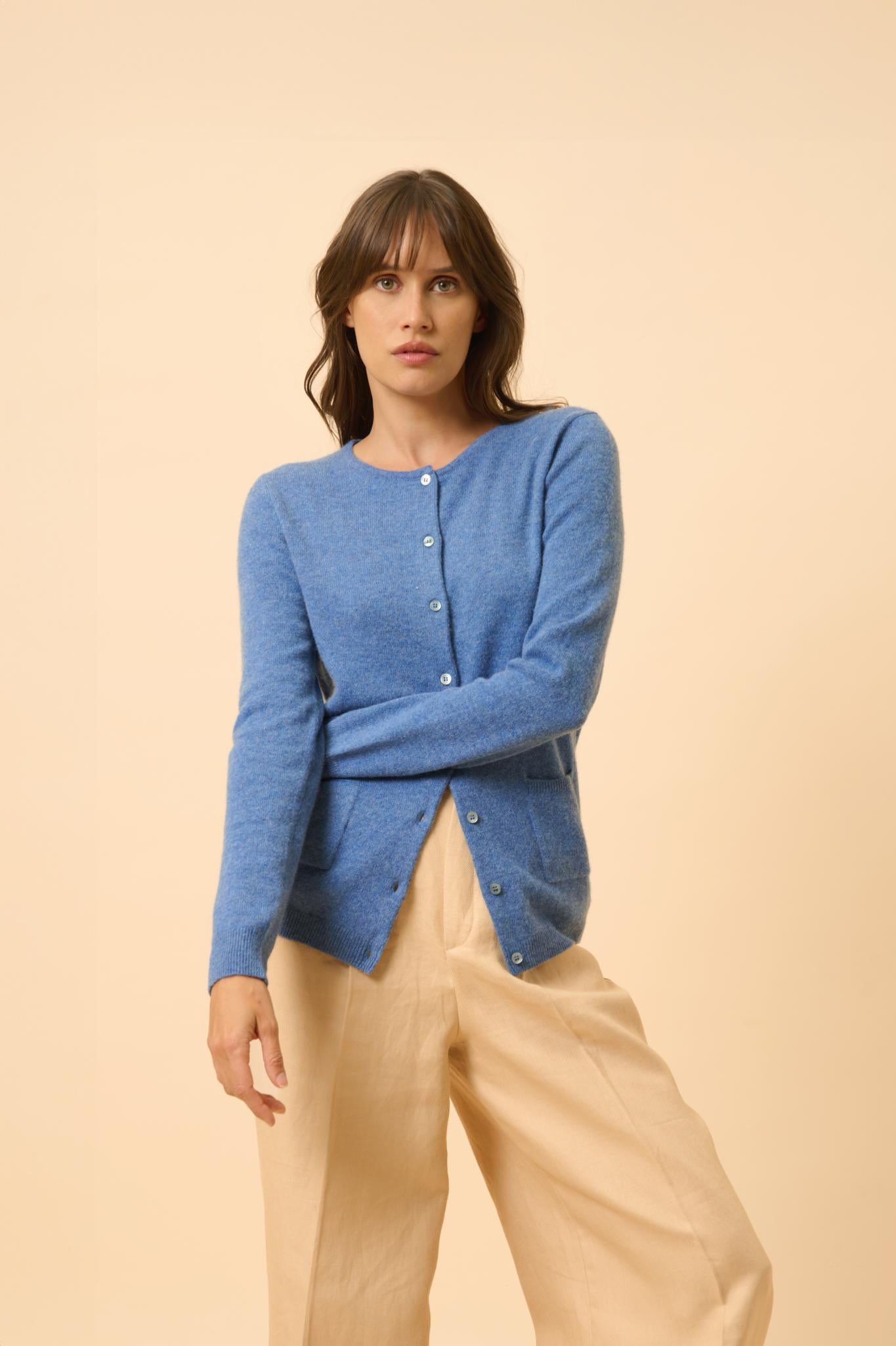 KATHARINE cardigan col rond bleu denim