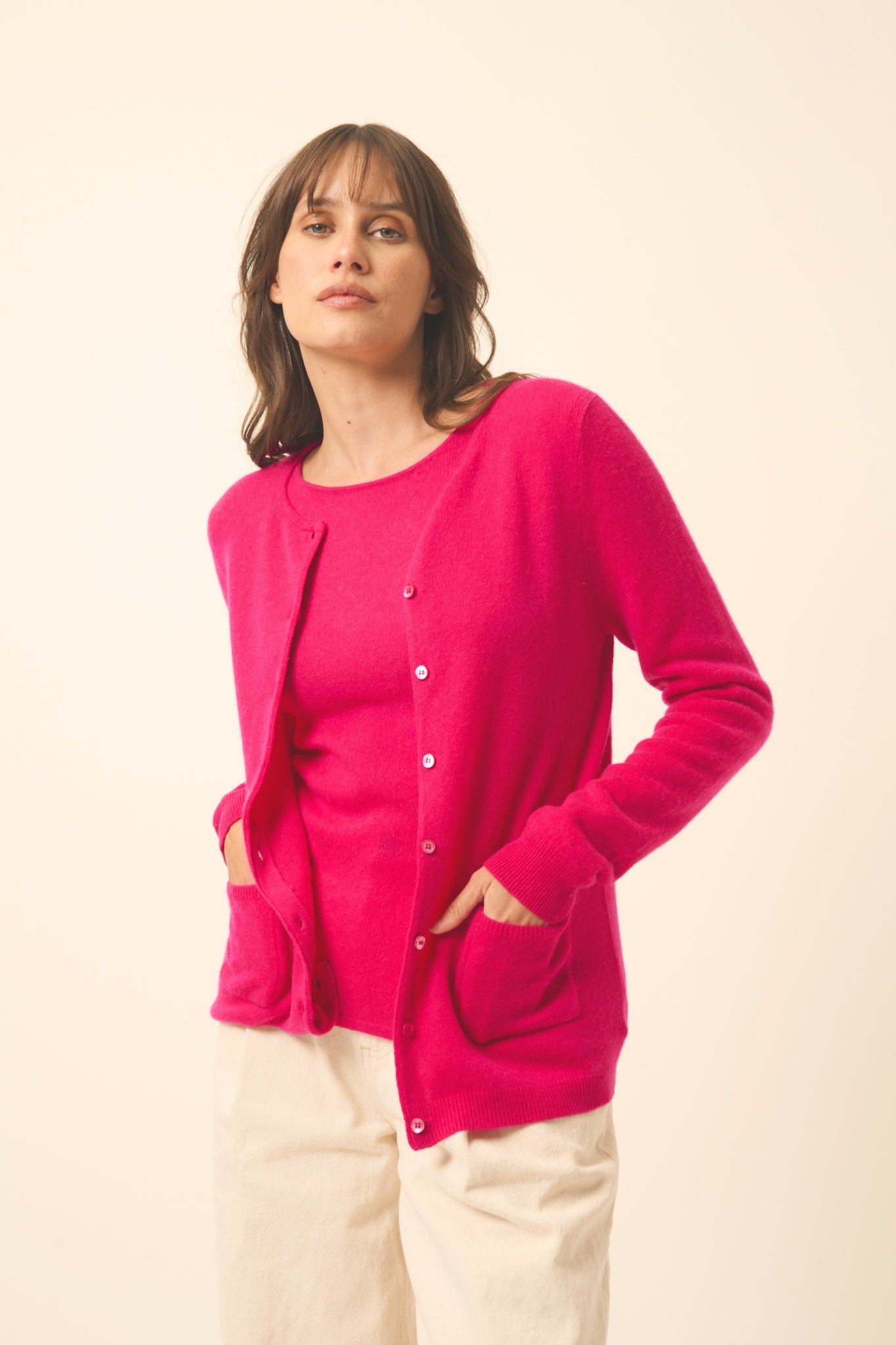 KATHARINE cardigan col rond fuchsia