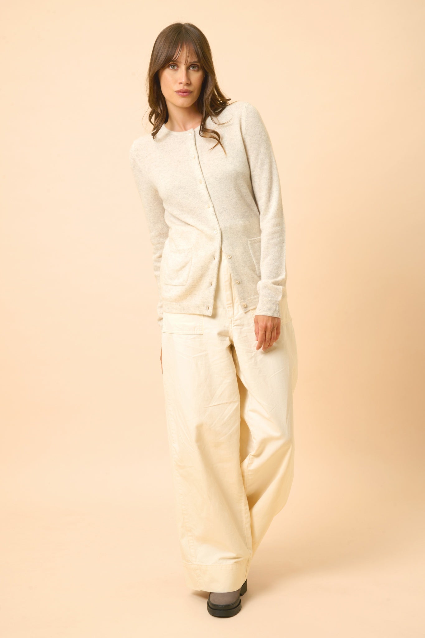 KATHARINE cardigan col rond gris perle chiné