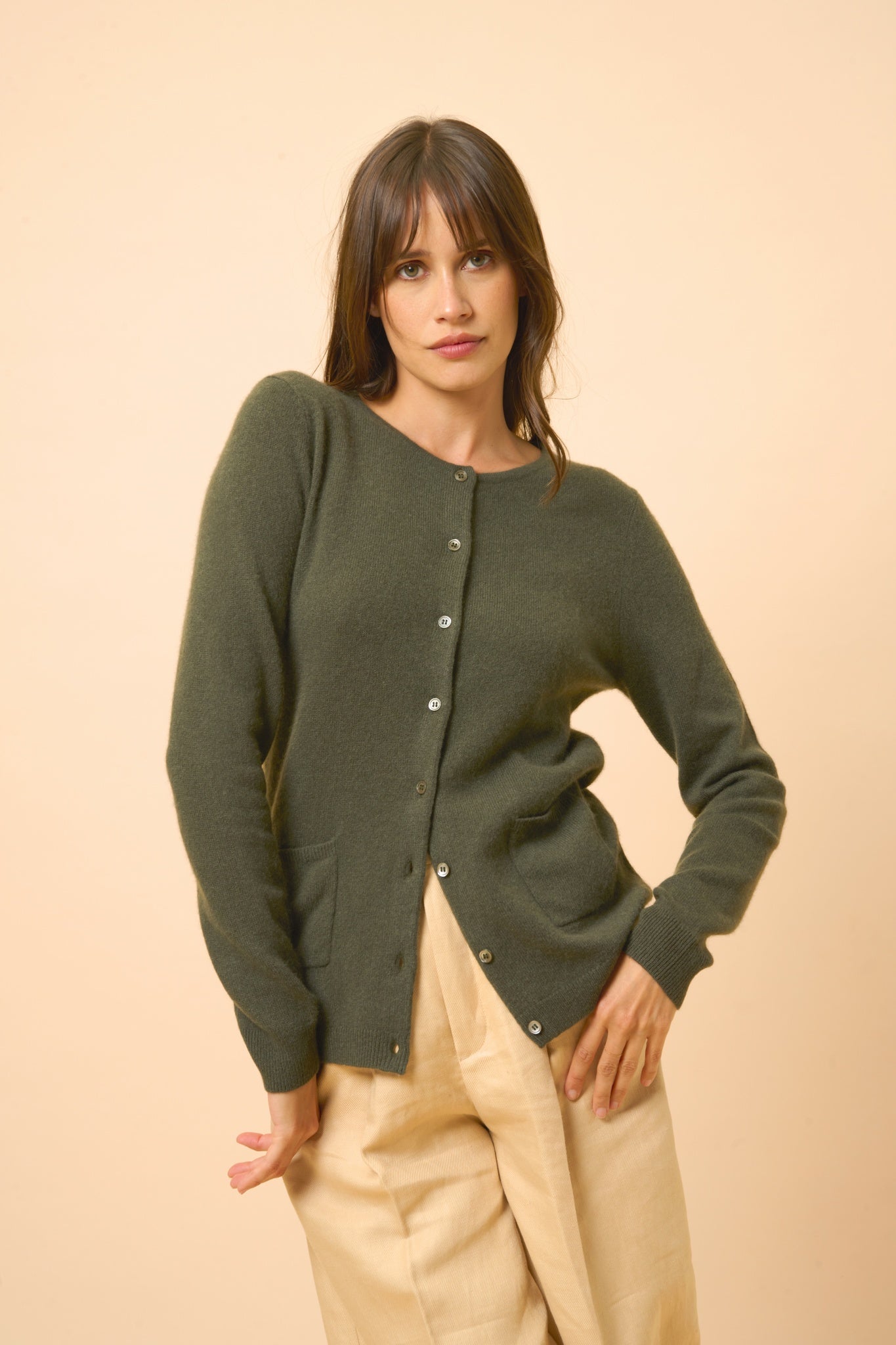 KATHARINE cardigan col rond kaki