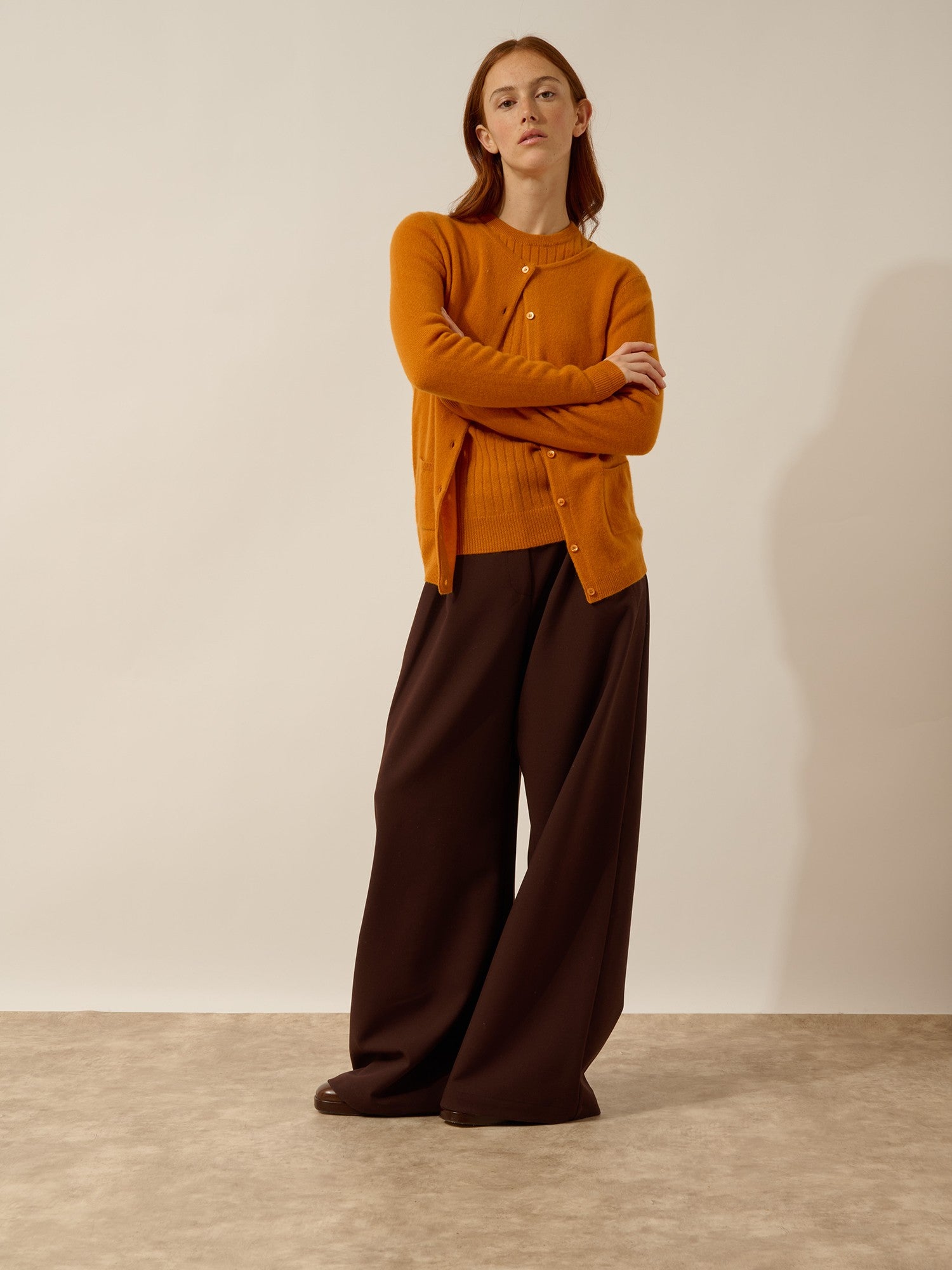 katharine round neck cardigan in ochre