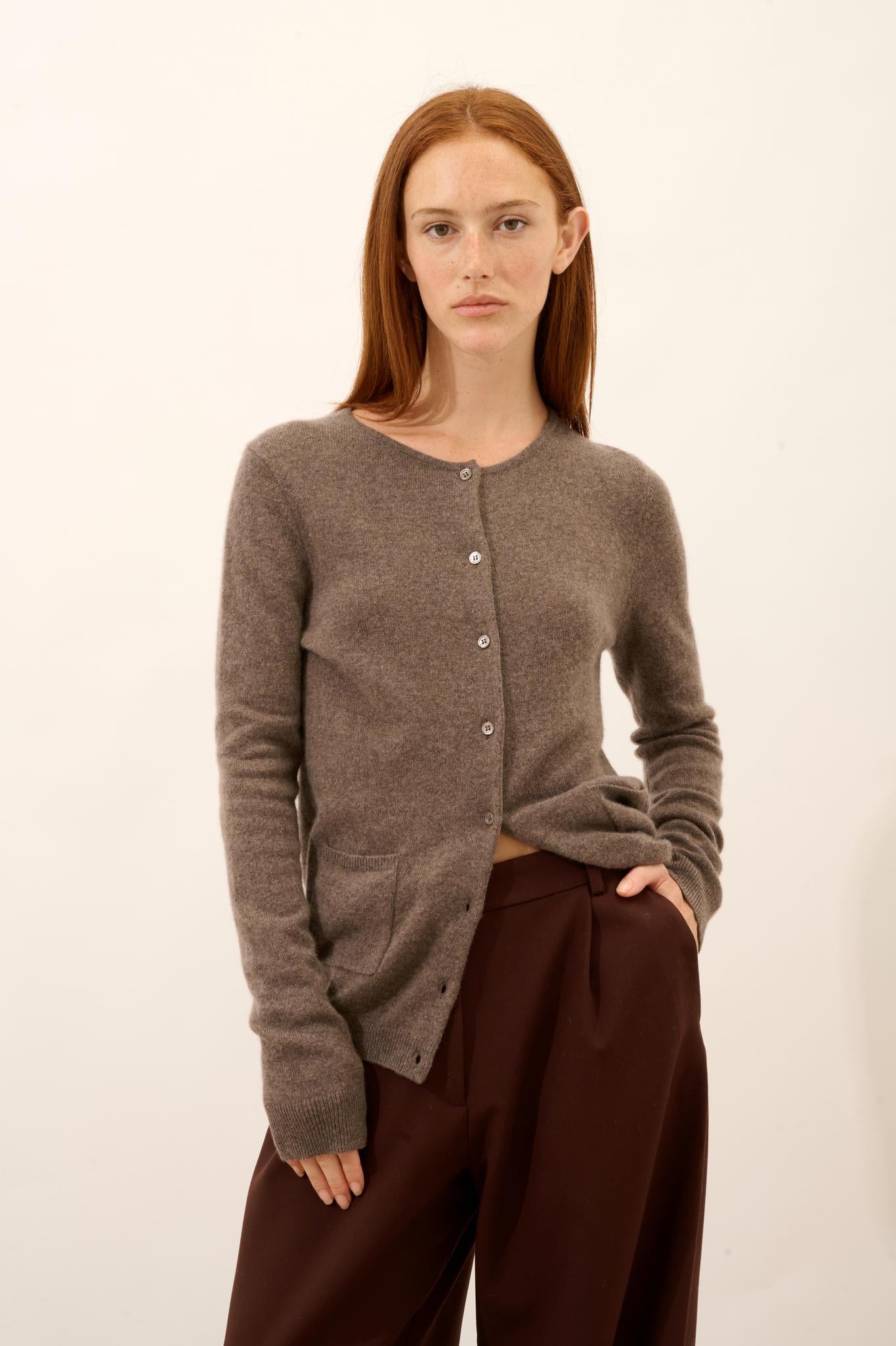 KATHARINE taupe mottled round-neck cardigan