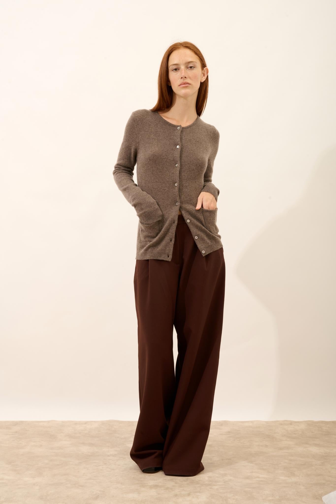 KATHARINE taupe mottled round-neck cardigan