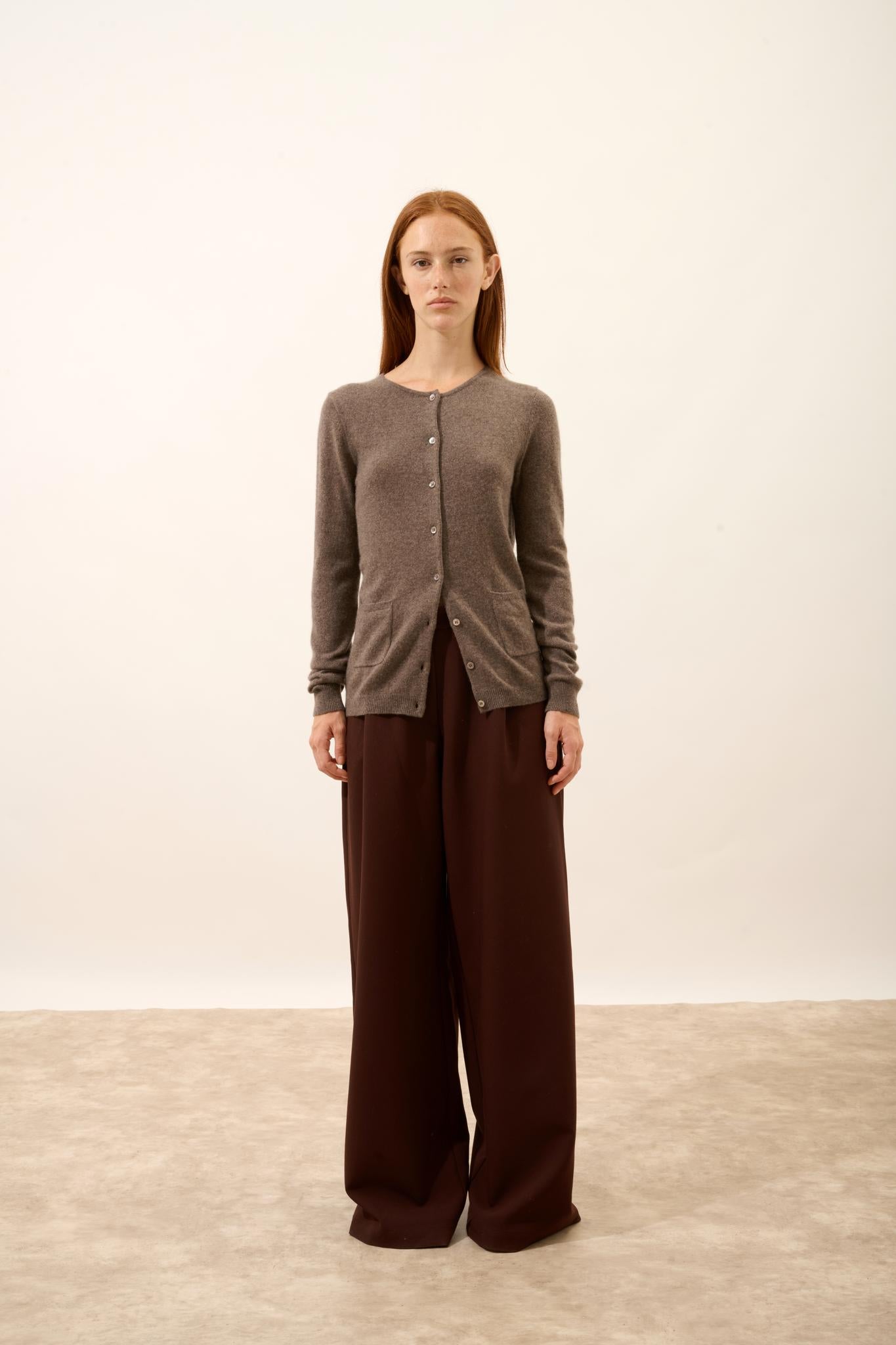 KATHARINE taupe mottled round-neck cardigan