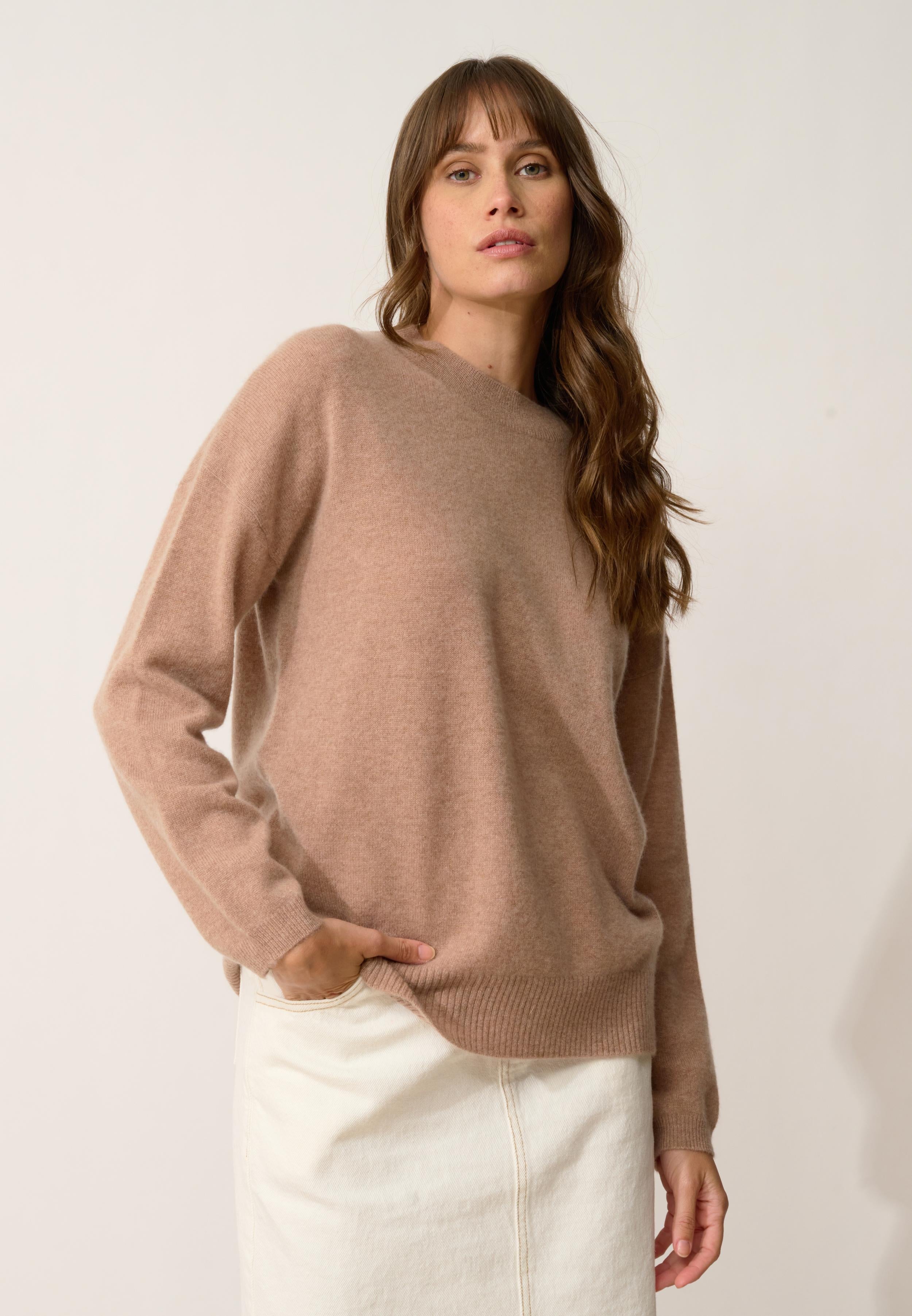 KAYLA pull col rond camel chiné