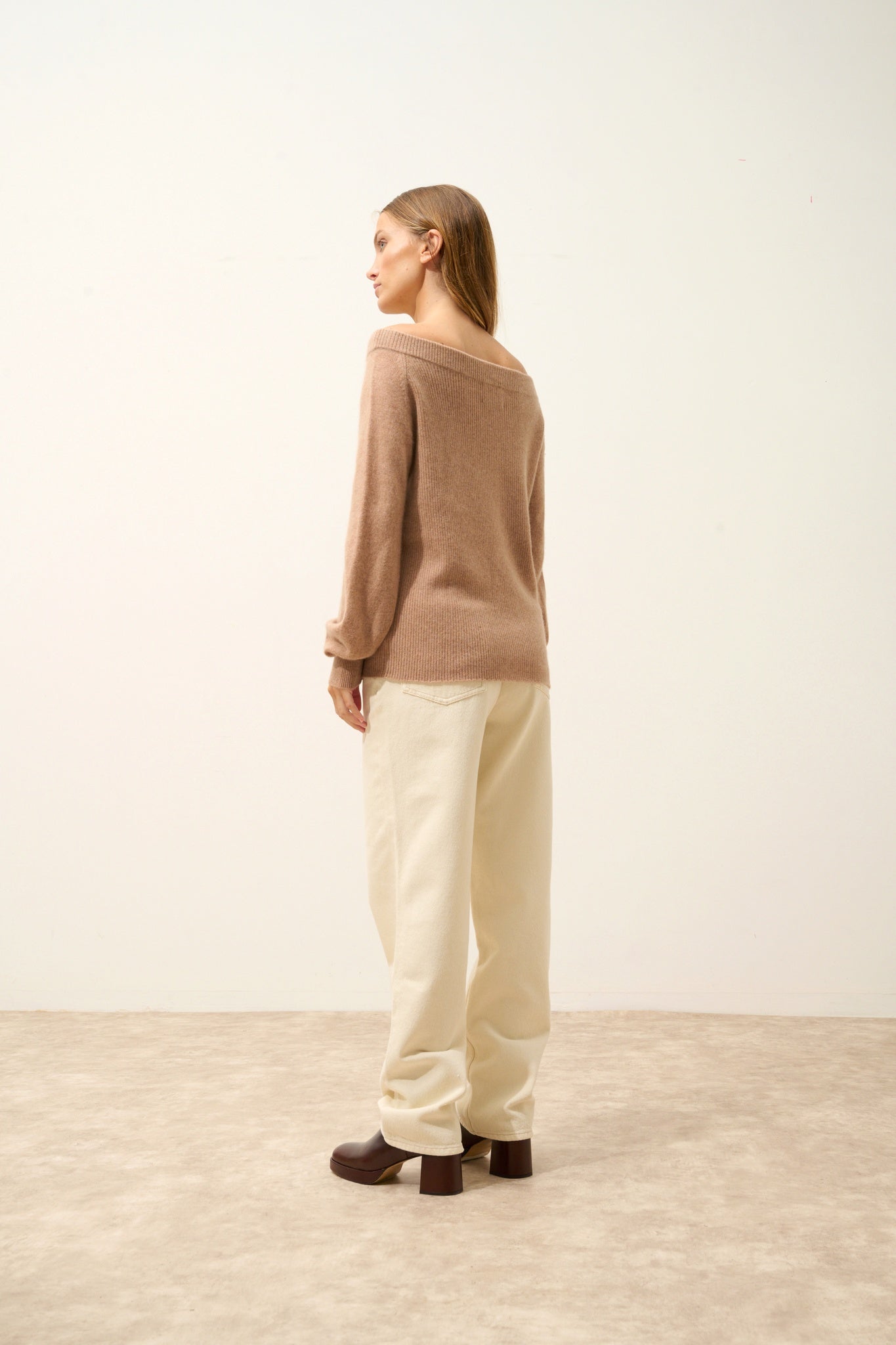 KELLY camel mottled boat-neck sweater