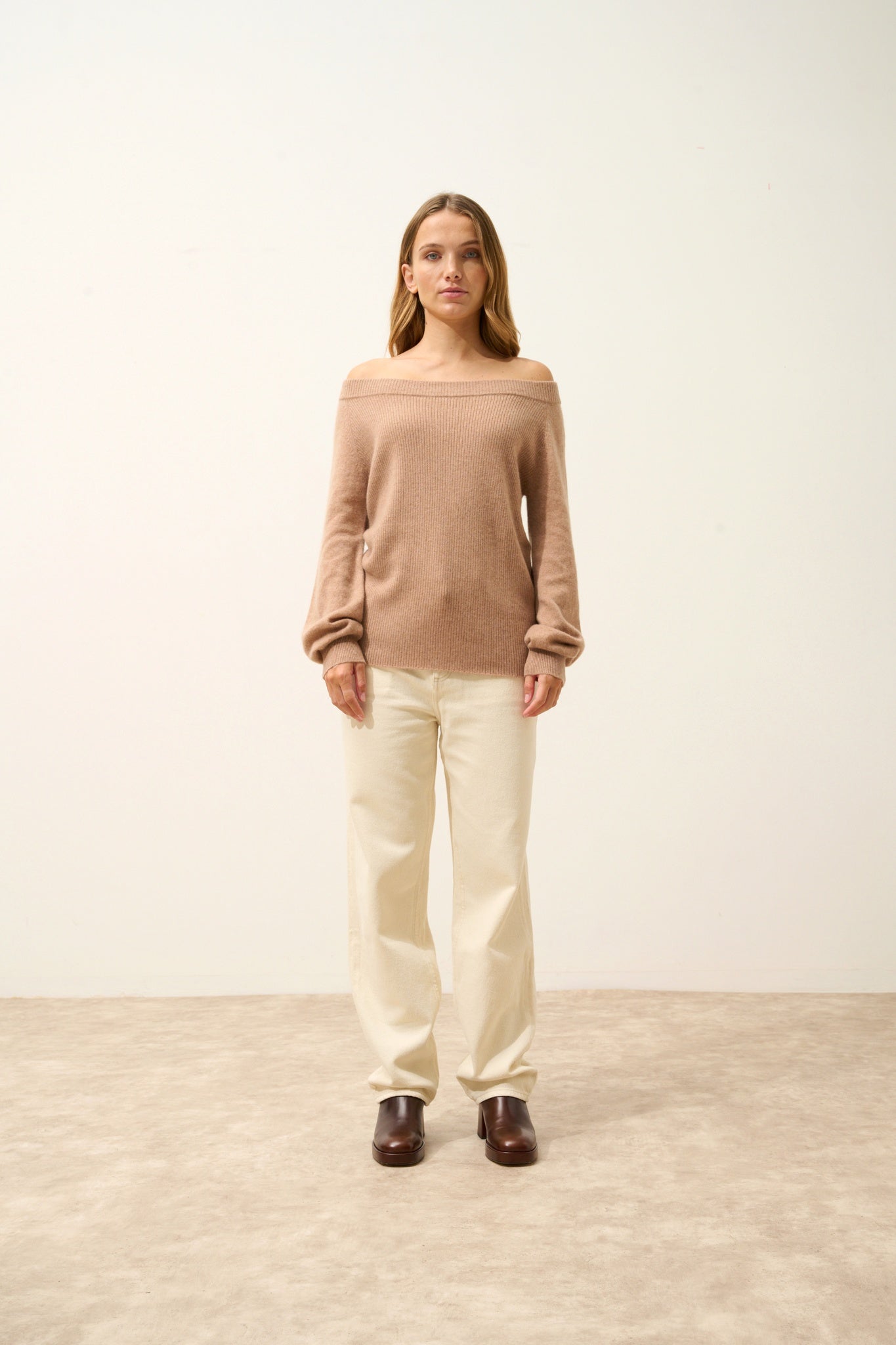 KELLY camel mottled boat-neck sweater