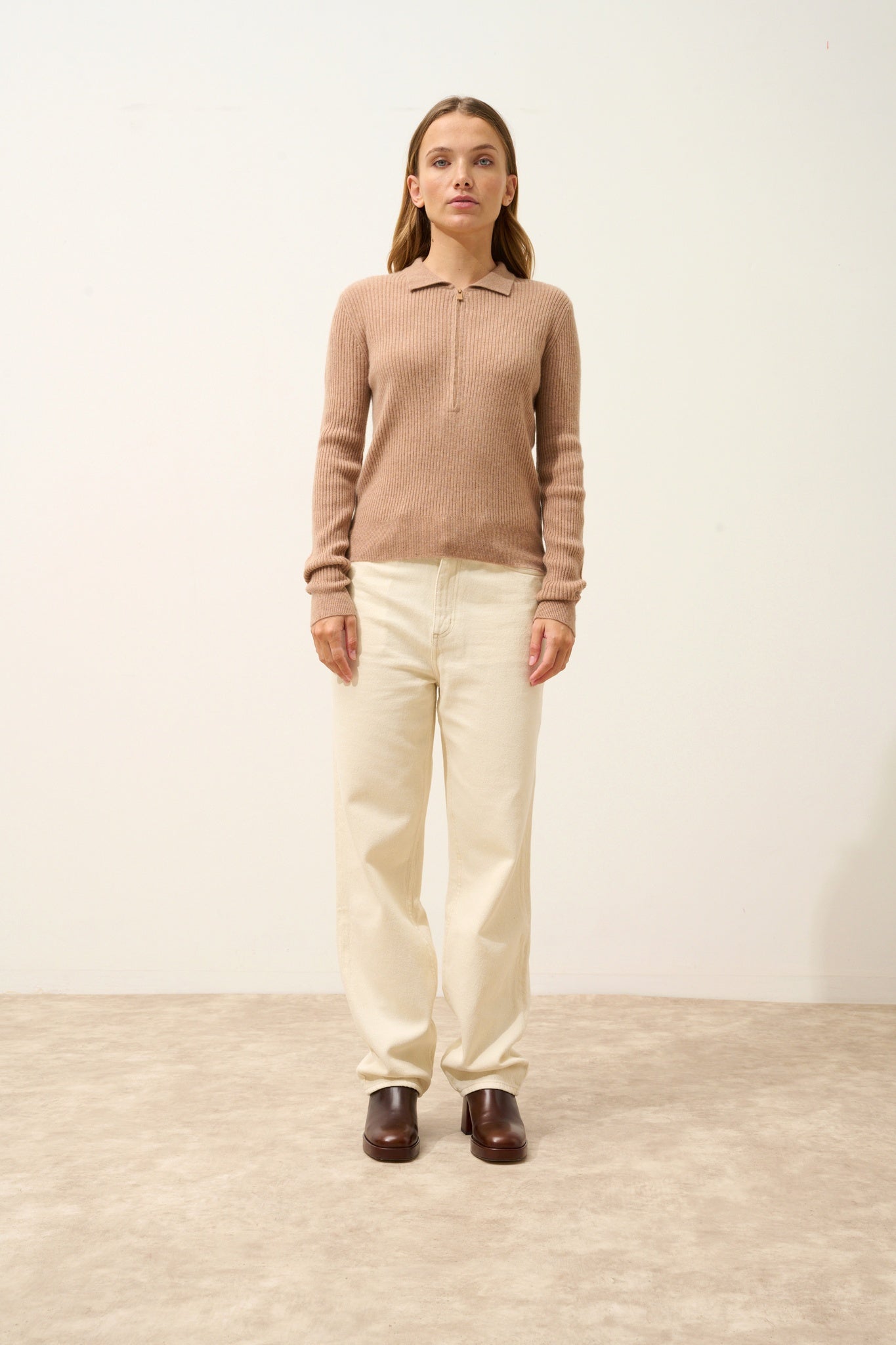 KRISTJAN polo col zippé camel chiné