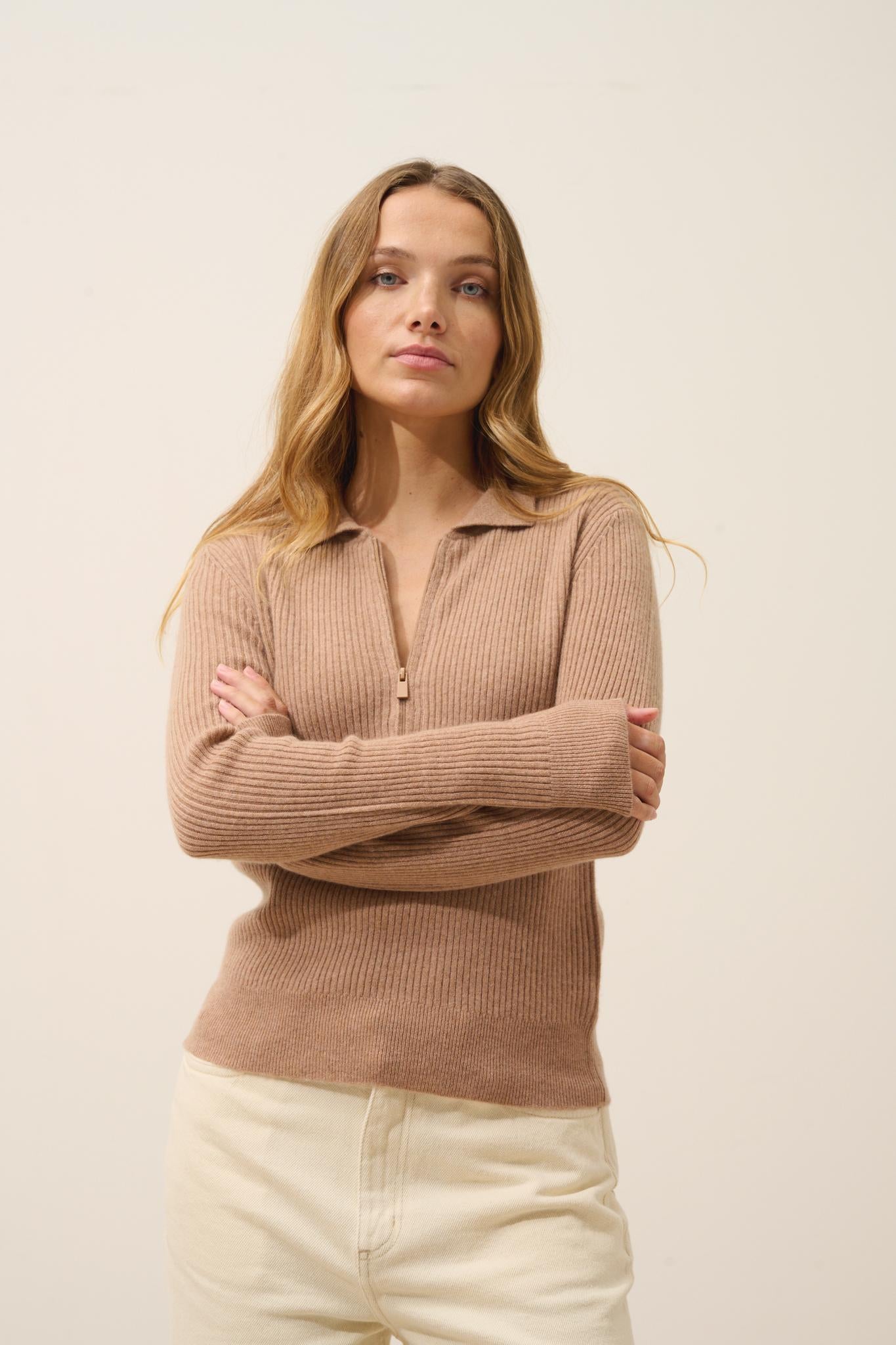 KRISTJAN polo col zippé camel chiné