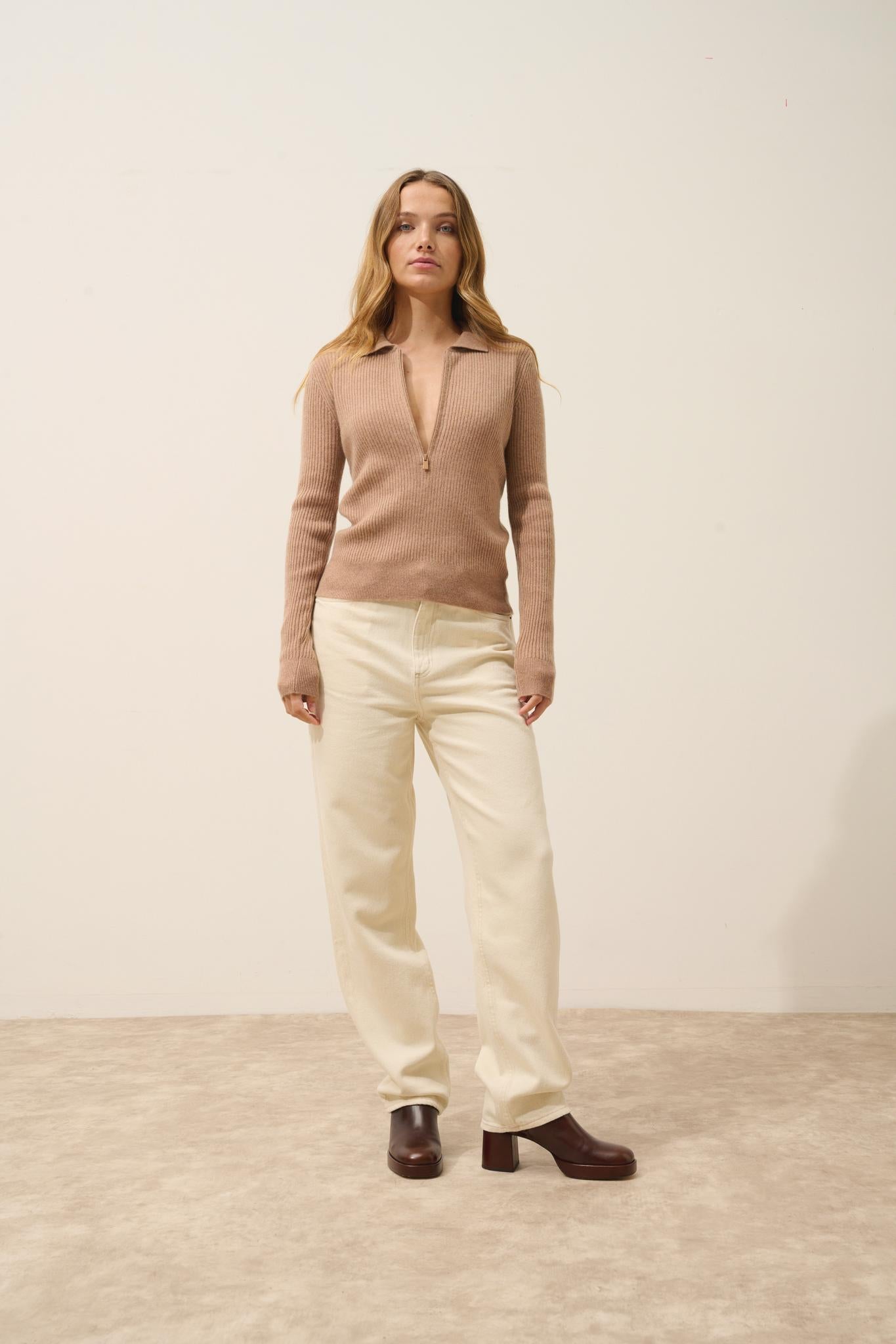 KRISTJAN polo col zippé camel chiné