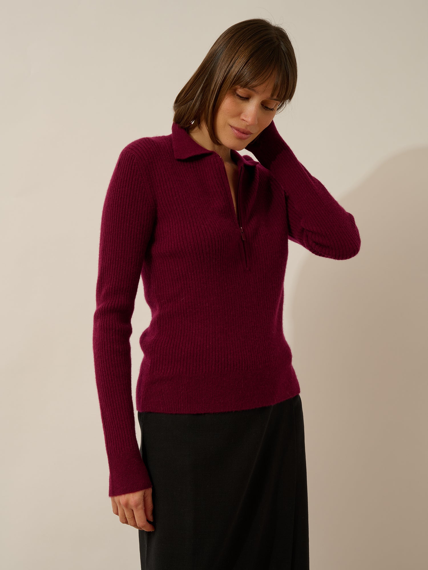 KRISTJAN polo col zippé manches longues bordeaux