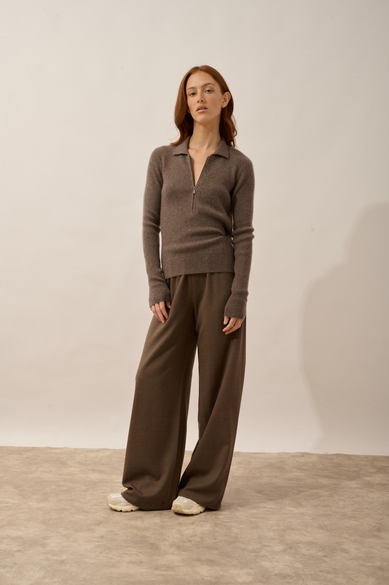 kristjan polo col zippé manches longues taupe chiné