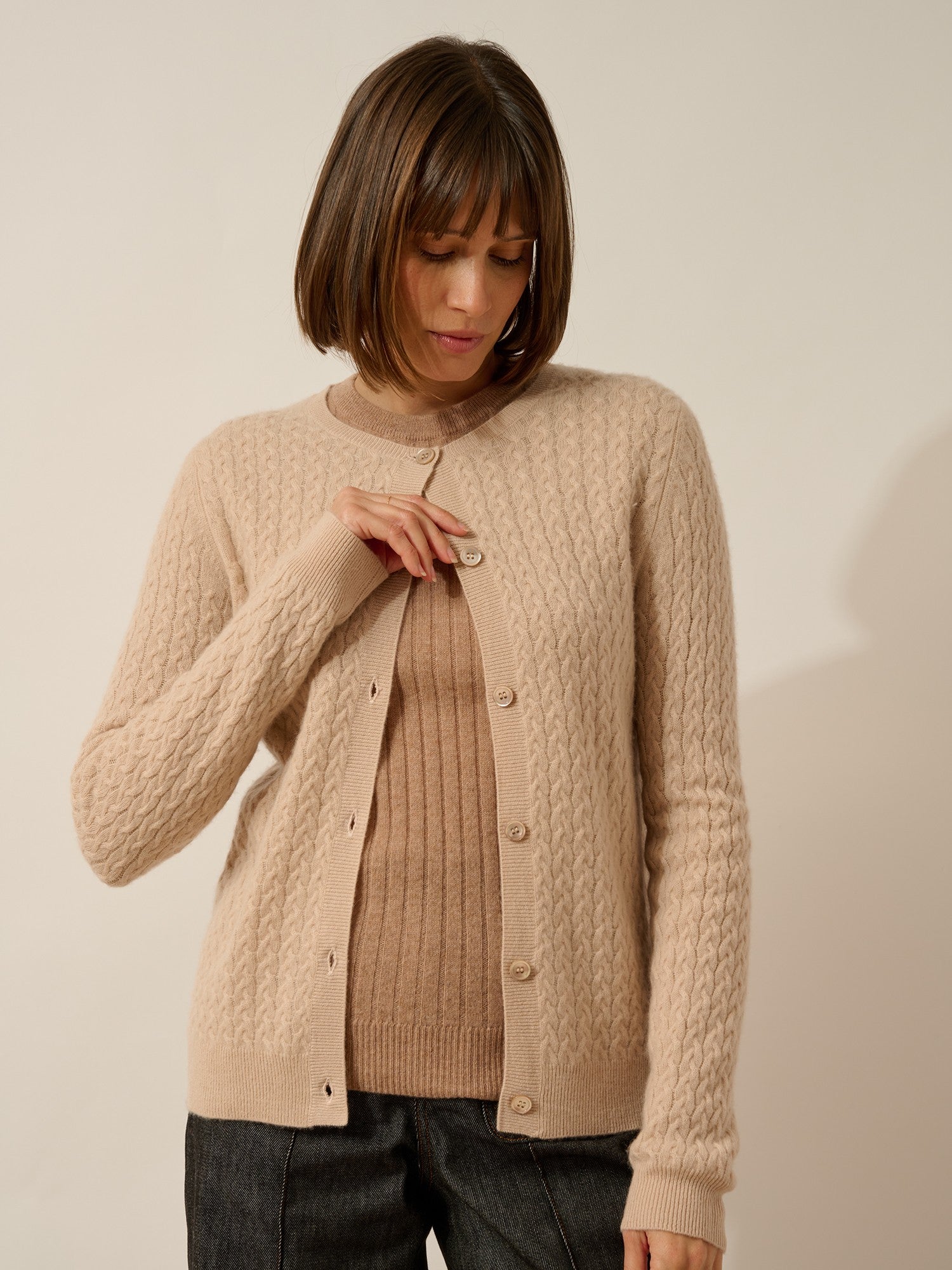 Laura round neck cardigan in nude