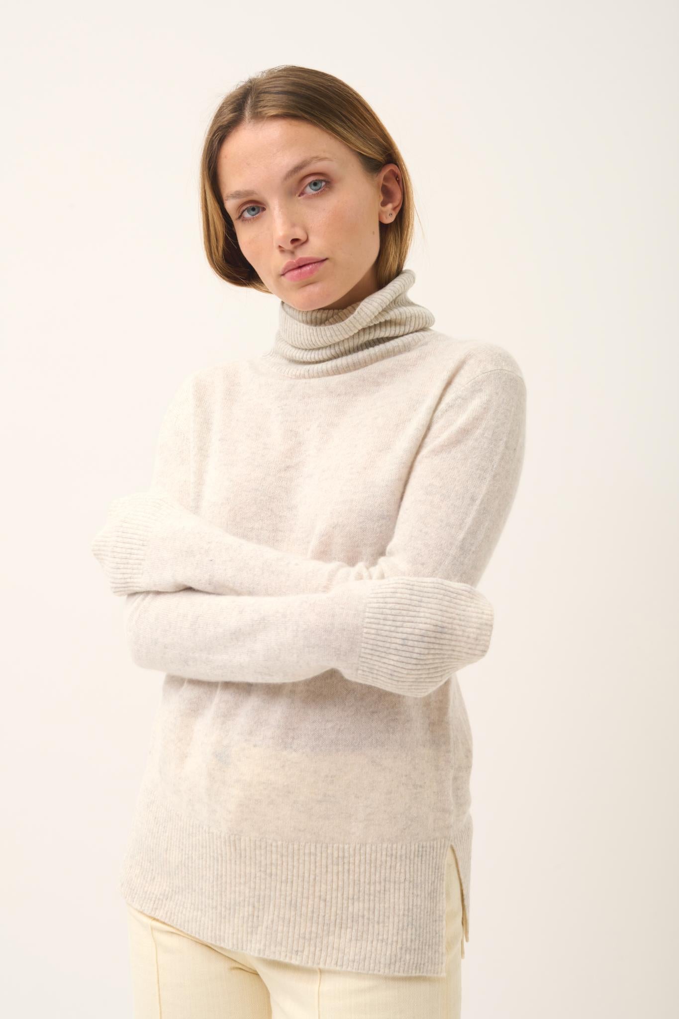 LEXIE pull col roulé gris perle chiné