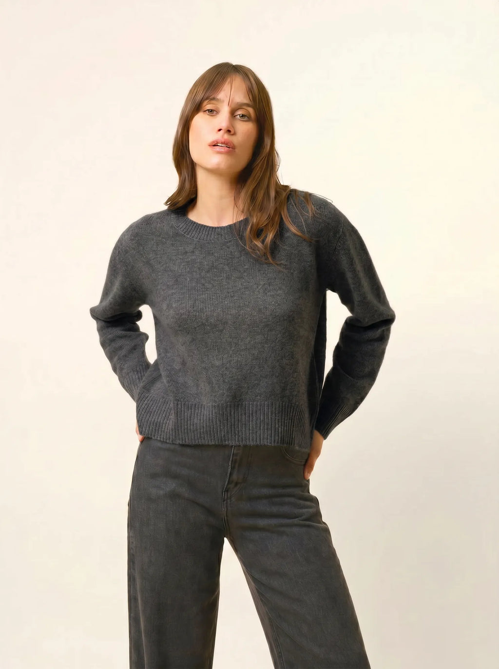 MARGAUX Pull Col Rond 6 Fils Anthracite Chiné