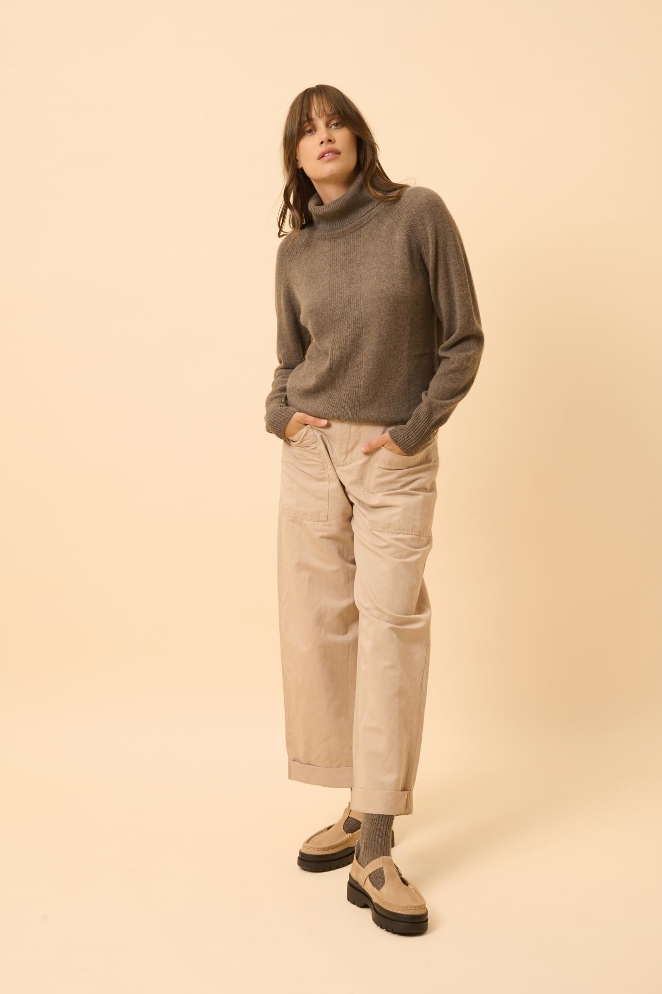LILLY pull col roulé taupe chiné