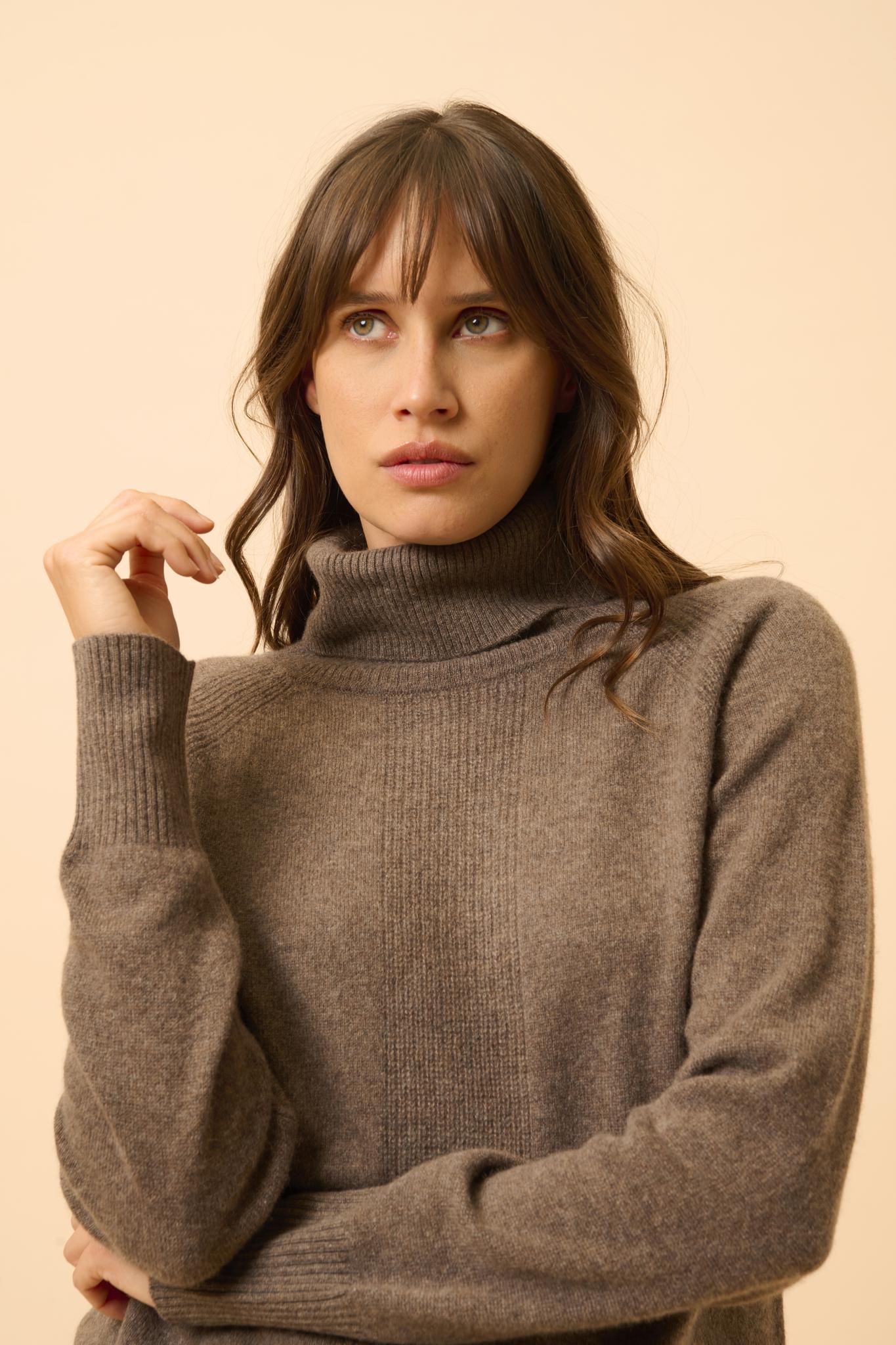 LILLY pull col roulé taupe chiné