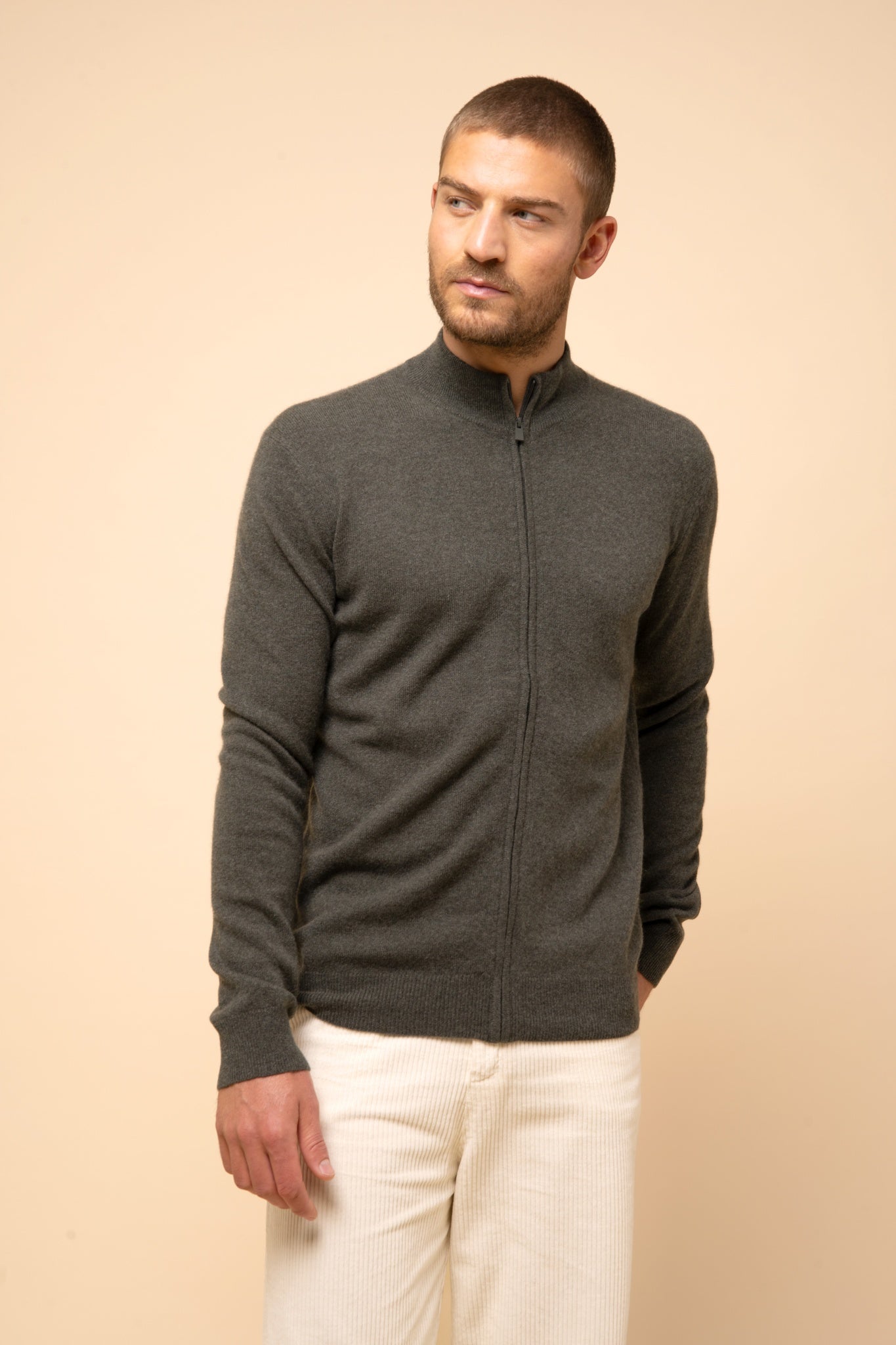 LILOU gilet col montant kaki chiné