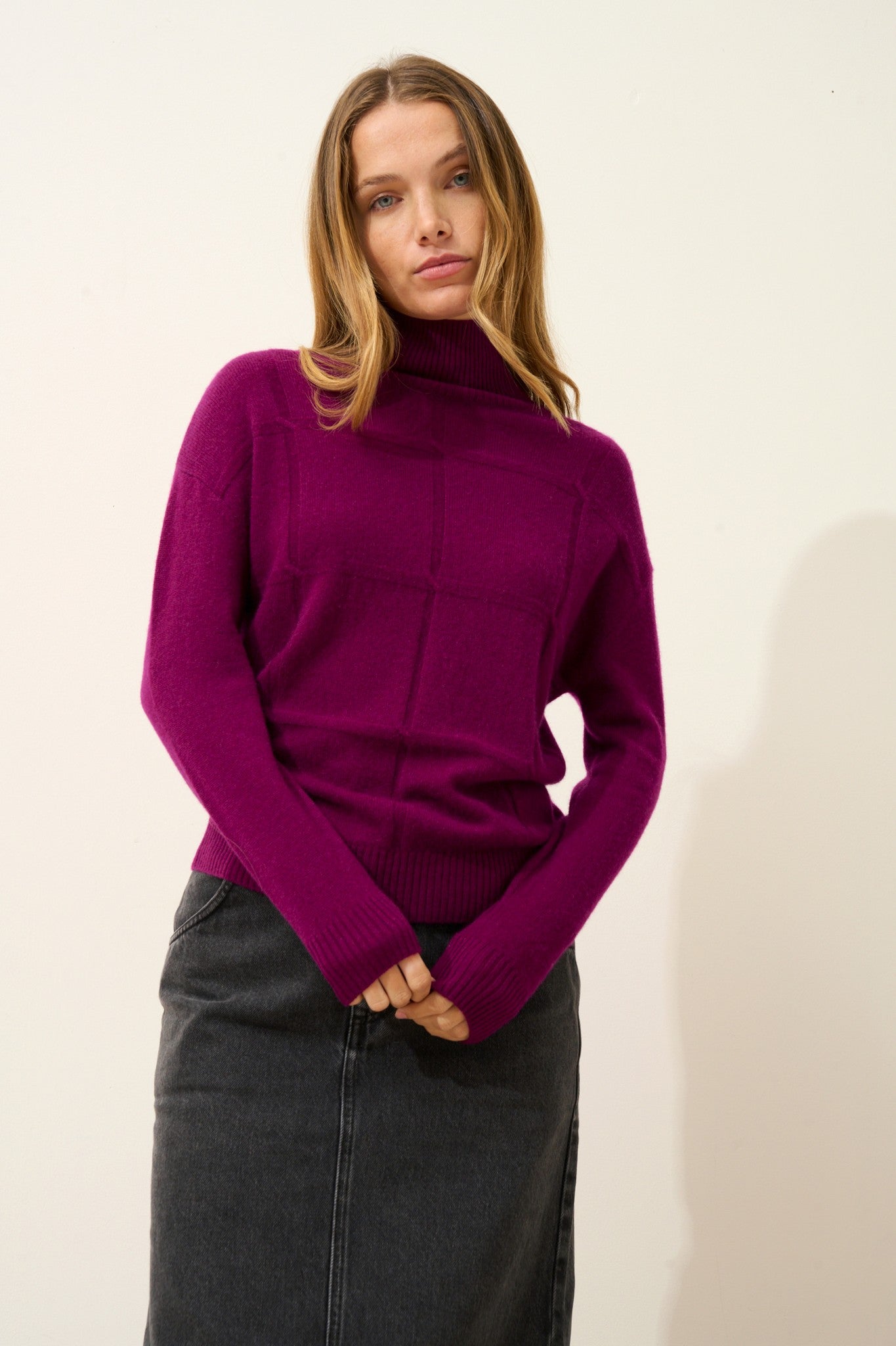 loralia pull col roulé prune 100% cachemire