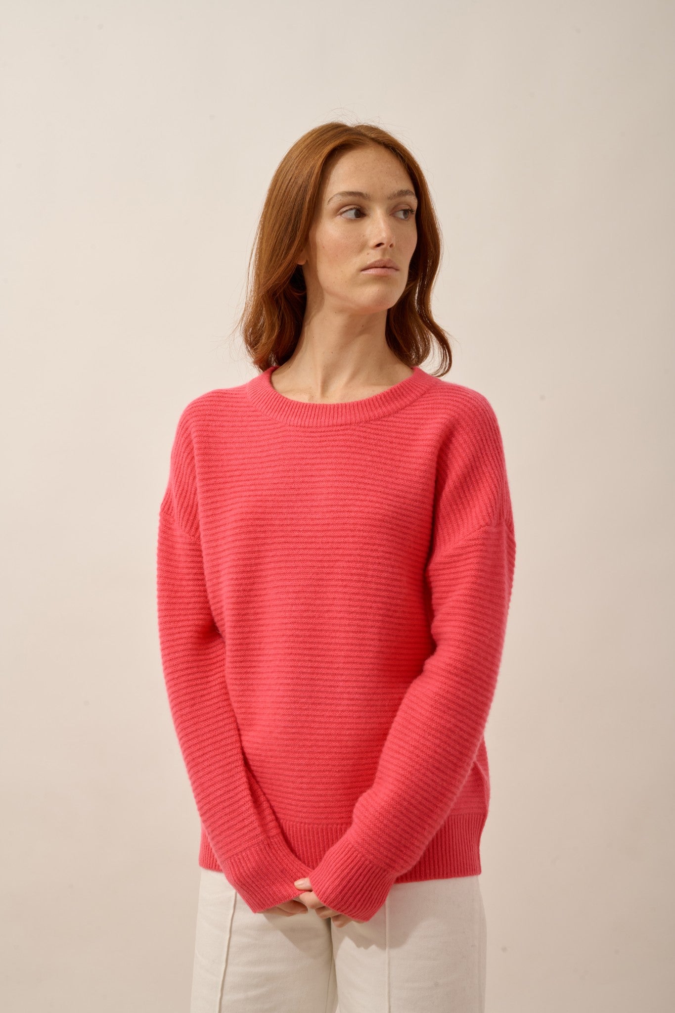 louna pull col rond 4 fils flamant rose