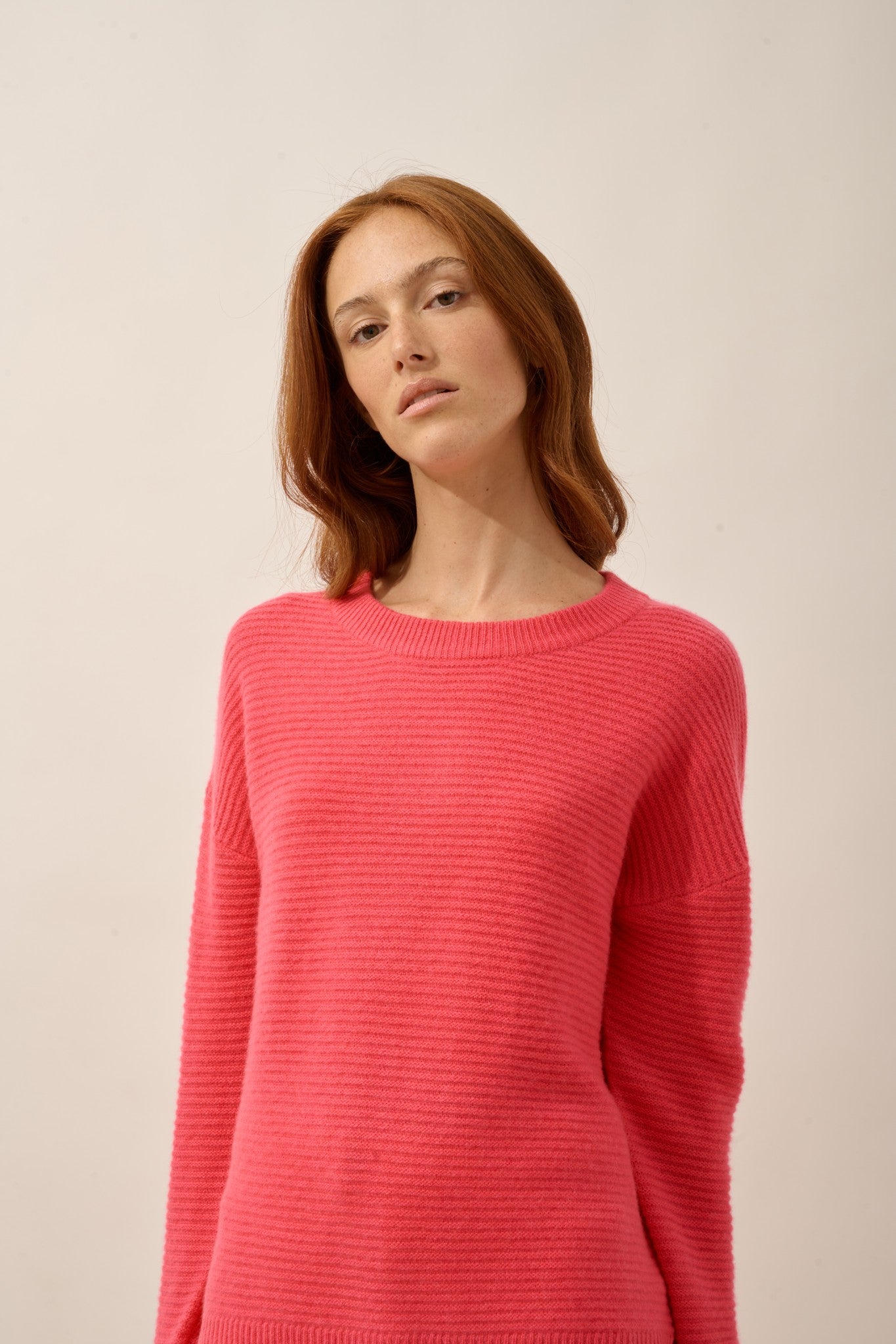 louna pull col rond 4 fils flamant rose