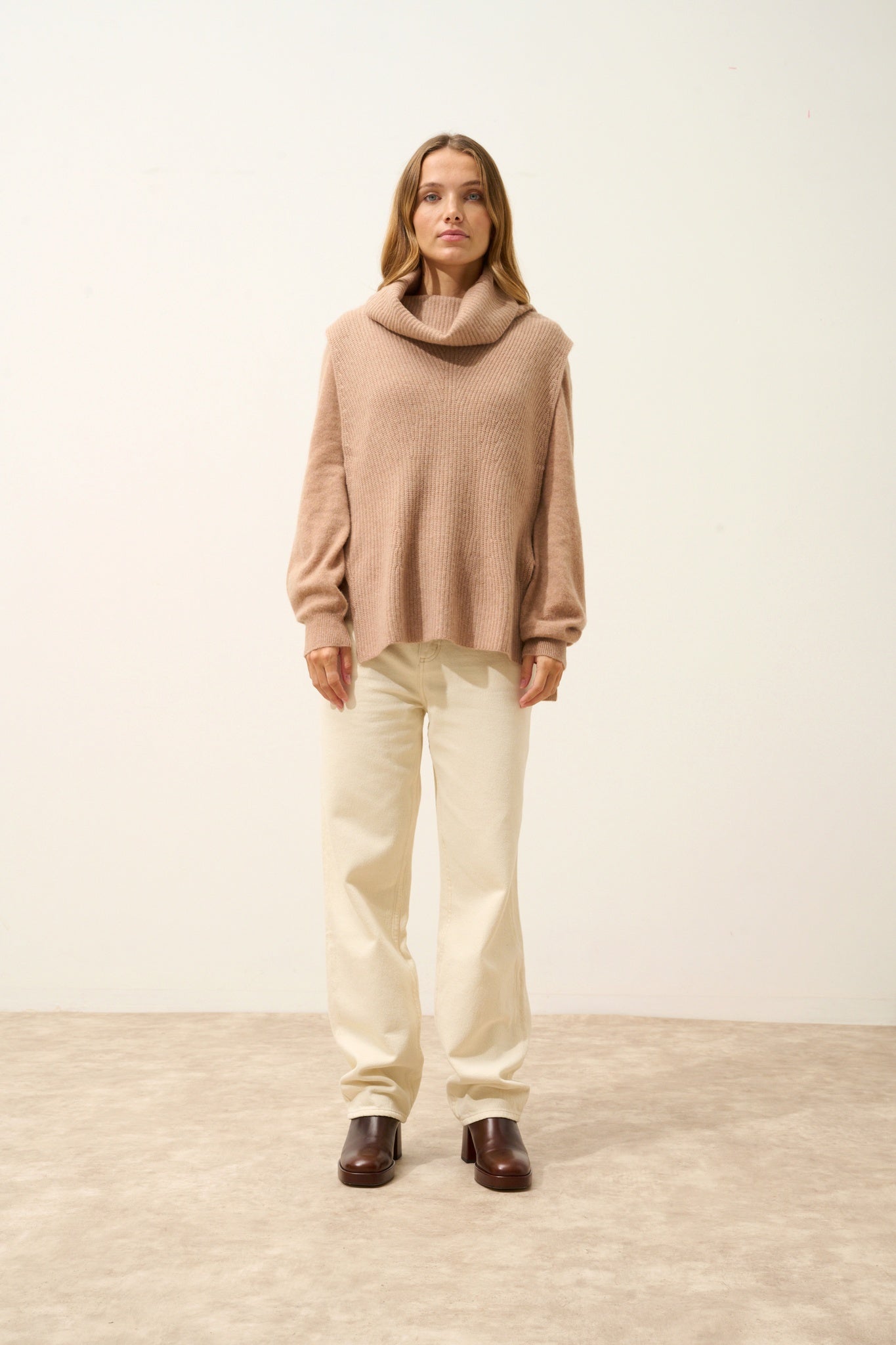LOU mottled camel turtleneck cape