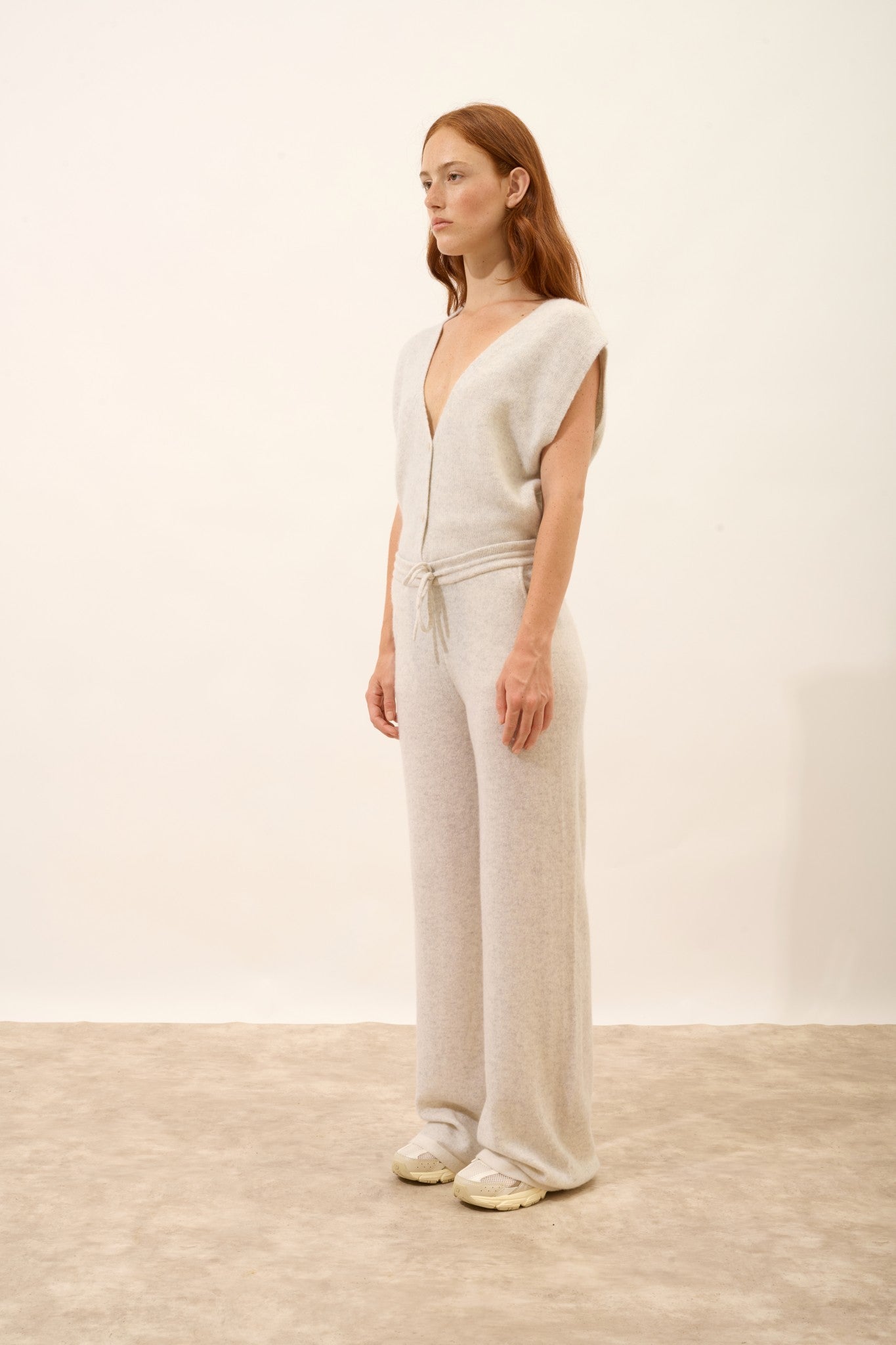 luciana pantalon large bi-color gris perle chiné/ivoire 100% cachemire