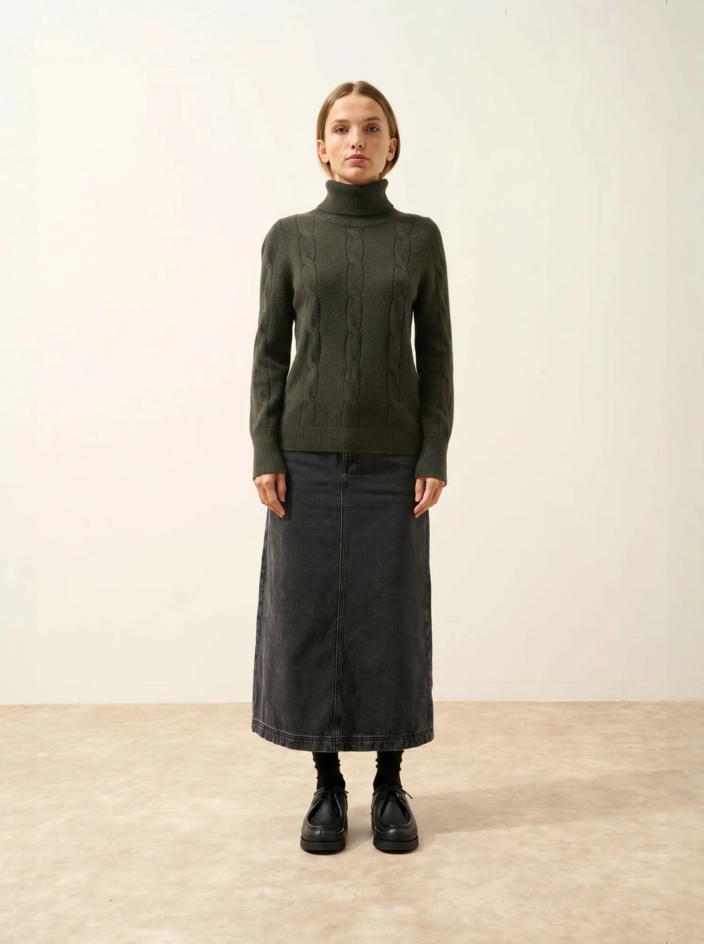 ESTELLE Pull Col Roulé 4 Fils Kaki Chiné
