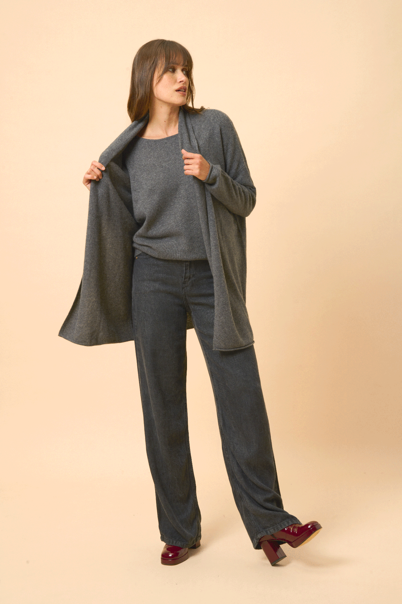 MADDIE gilet col châle anthracite chiné