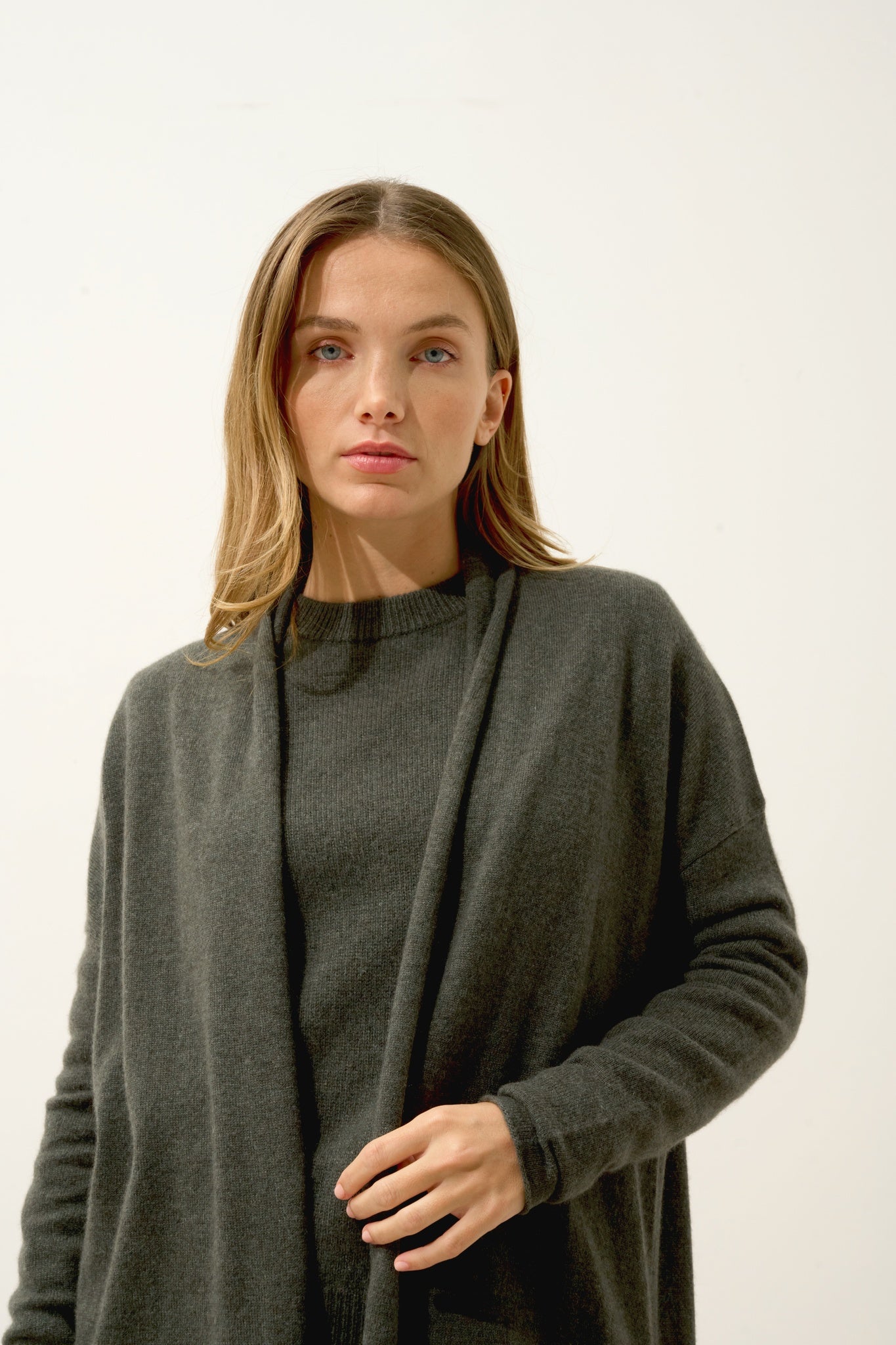 MADDIE gilet col châle kaki chiné