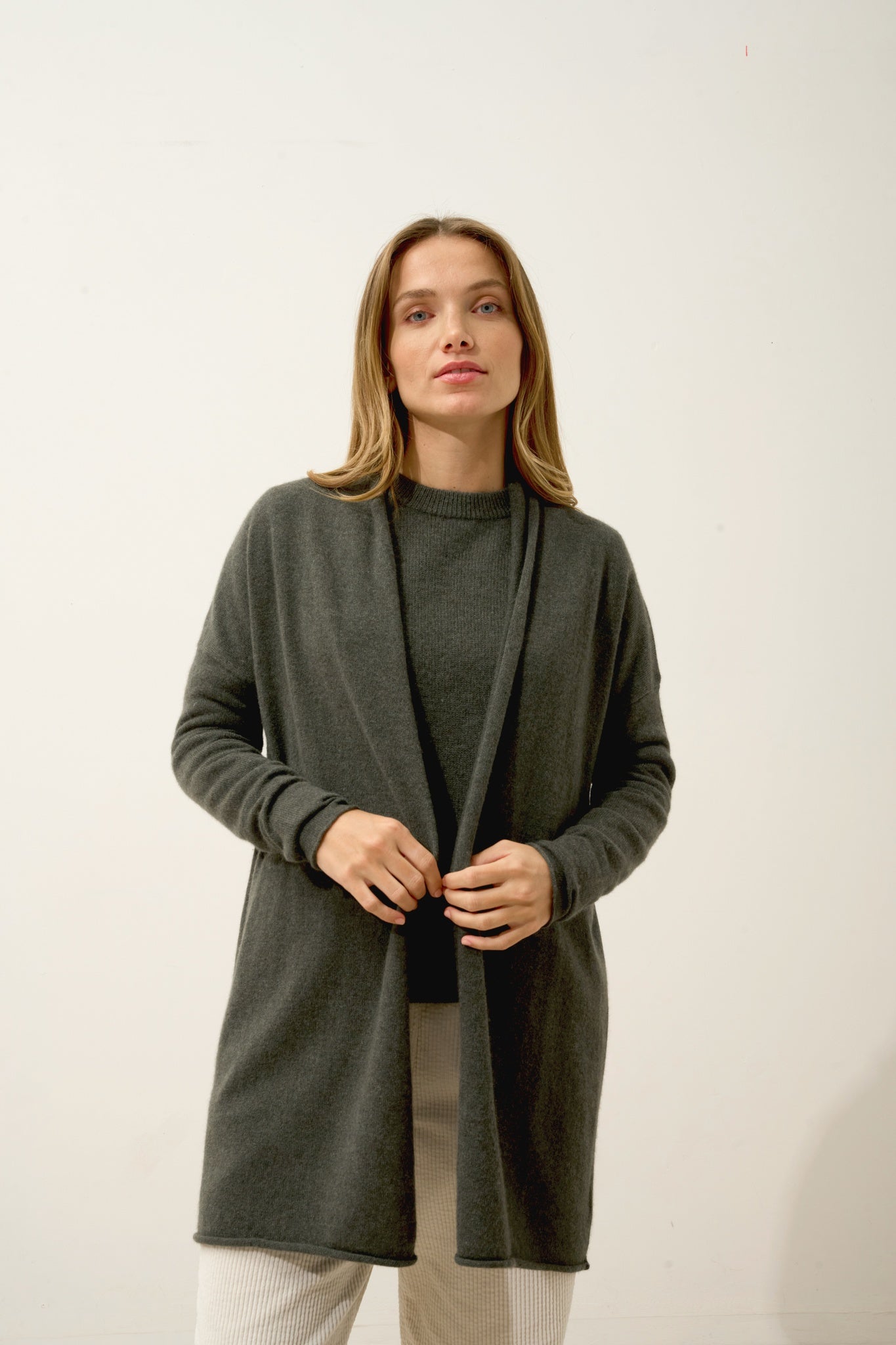 MADDIE gilet col châle kaki chiné