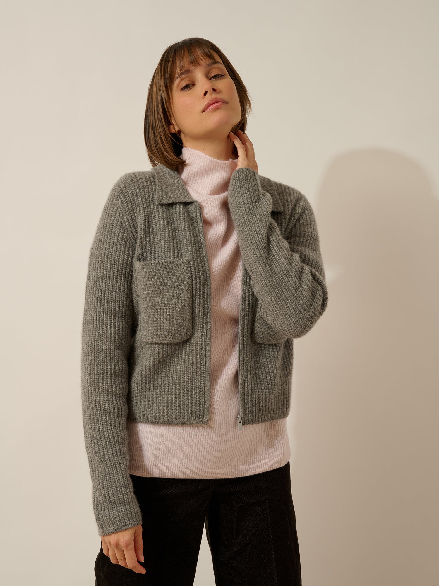 MARGARETHE veste courte zippée col chemise 4 fils flanelle chiné