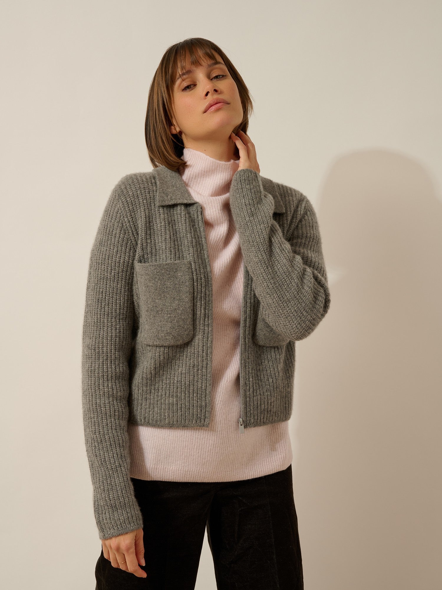 Margarethe short zippered jacket with shirt collar, 4-thread heathered flannel