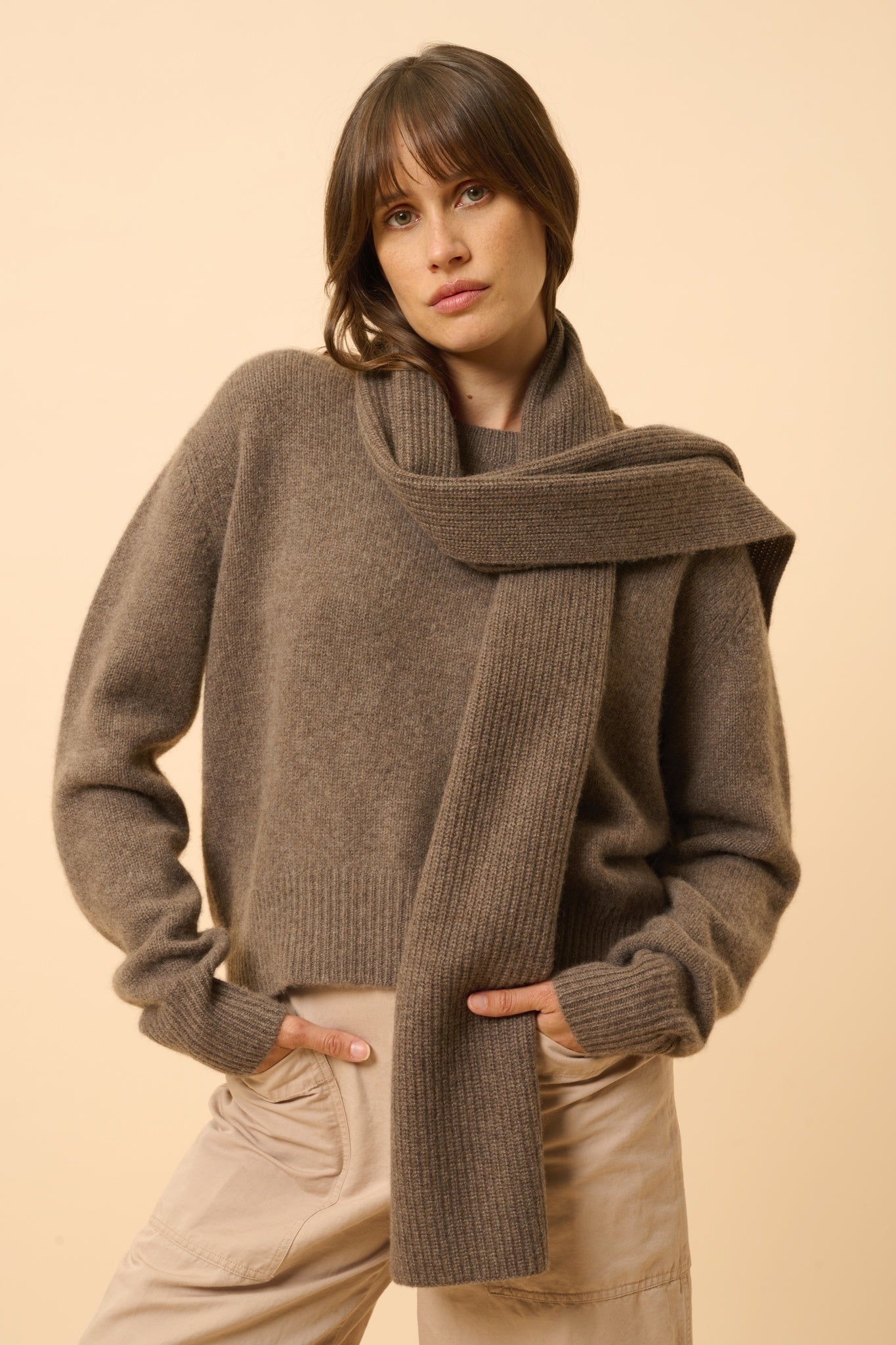MARGAUX pull col rond taupe chiné