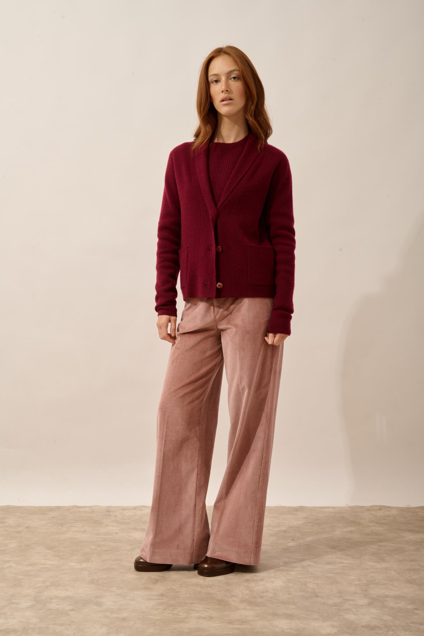 MILA burgundy button-down jacket with shawl collar