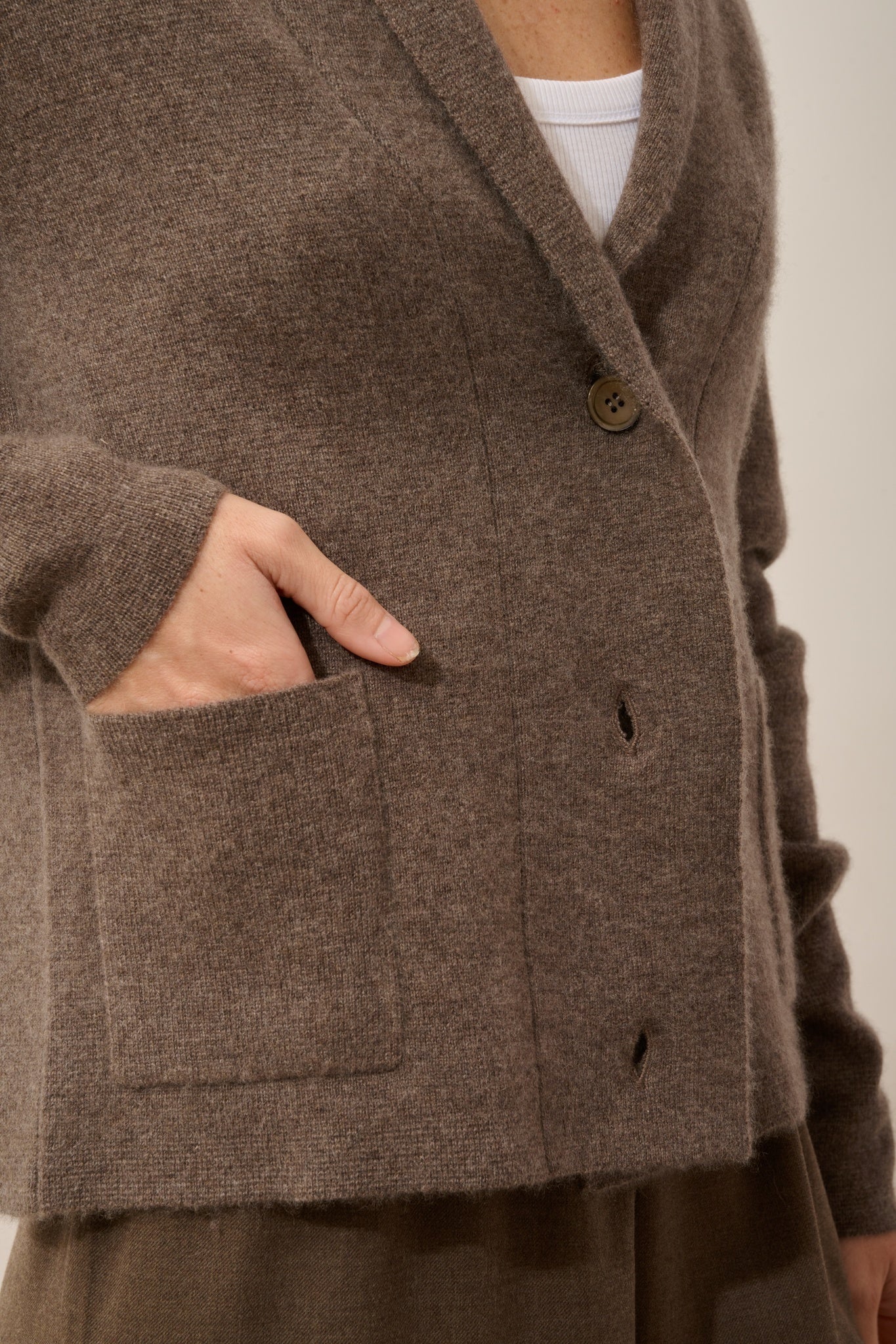 MILA button-up jacket with shawl collar in taupe heather