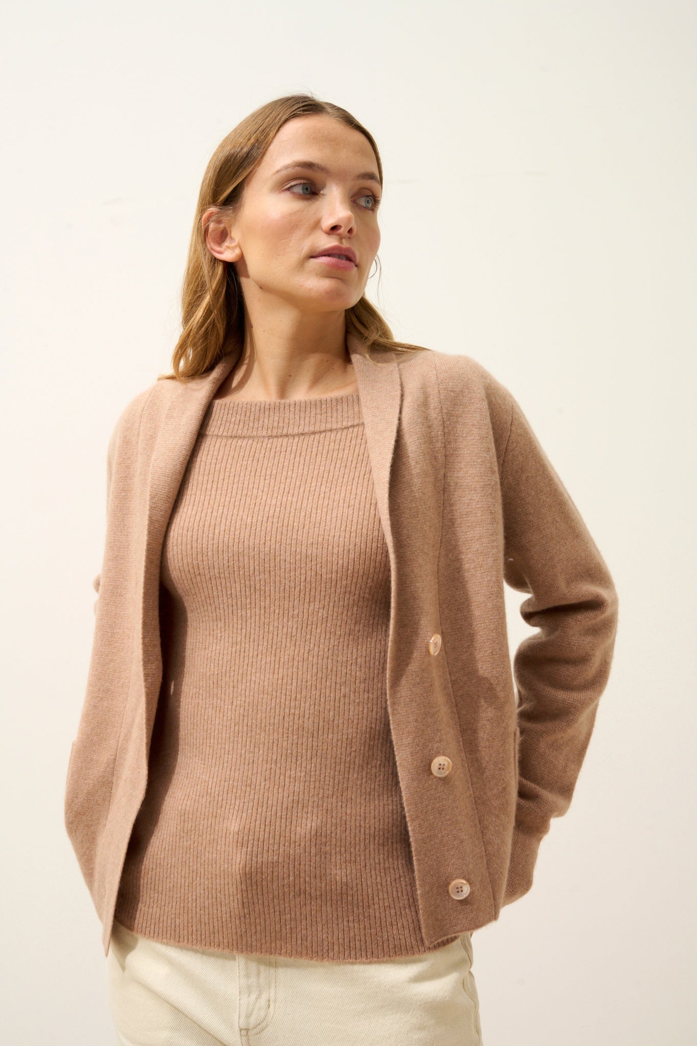 MILA veste col châle camel chiné