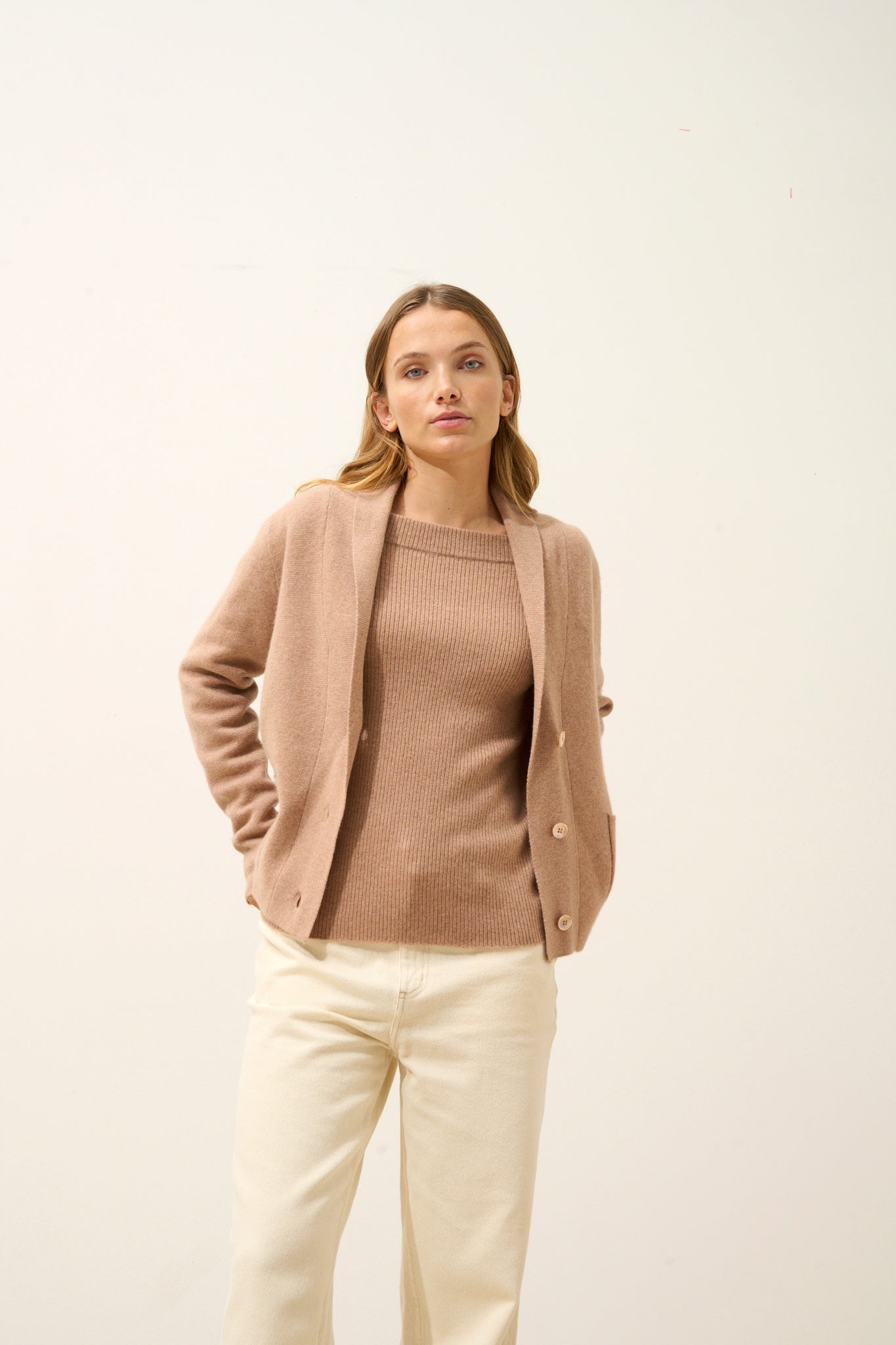 MILA veste col châle camel chiné